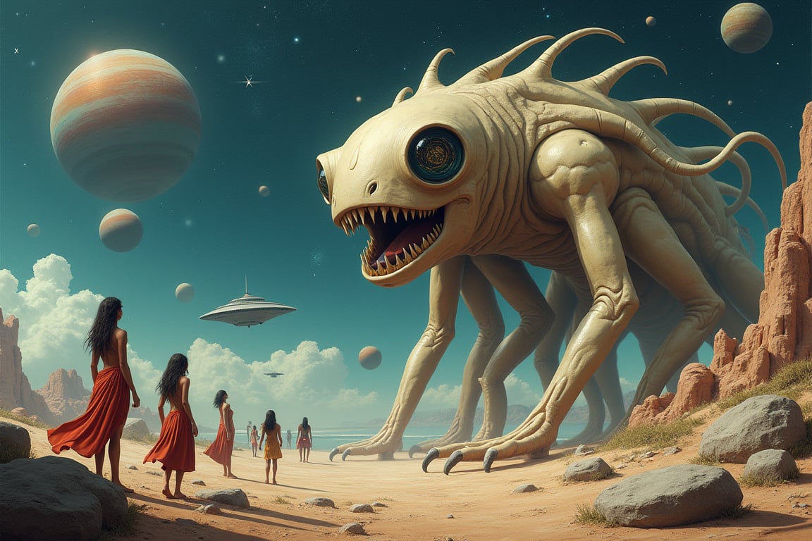 A highly detailed digital artwork in the style of surrealism, depicting an otherworldly, fantastical landscape. The scene is dominated by a colossal, humanoid creature with a gaping, toothy mouth and multiple, tentacle-like limbs emerging from its torso. The creature's skin is a pale, metallic beige, and it has large, bulbous eyes with swirling, cosmic patterns. Surrounding the creature are numerous smaller, spherical spaceships and floating orbs, adding to the surreal atmosphere.

In the background, a vast, starry sky with a deep blue gradient transitions into a lighter blue at the horizon. The sky is dotted with numerous planets and stars, including a prominent, glowing, spiral galaxy. The ground is a barren, rocky terrain with scattered boulders and sparse vegetation.

In the foreground, a small group of humanoid figures is depicted, each dressed in simple, flowing garments in earthy tones. They appear to be admiring the creature and the surreal surroundings. One figure, in particular, is wearing a long, flowing red dress and appears to be interacting with the creature.

The overall scene is rich in texture and detail, with intricate patterns and shadows adding depth and a sense of realism to the fantastical elements. The artwork combines elements of science fiction and surreal