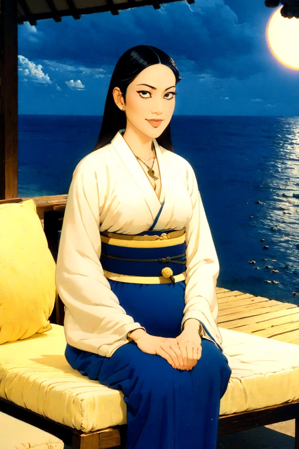woman\(unohana retsu, mature body, perfect body, black hair, blue eye color, jewelery, bridal gauntlets, rings, amulets, eyelashes, large breasts, large cleavage, pregnant, wearing yukata, sandal, feminine, beautiful, mistress\) The scene should convey a seductive and arrogant smug expression on her face, with an air of arrogance as she maintains eye contact with the viewer, (full body), sitting, background(outdoor, restaurant, ocean, pillows, sky, day, sun, table(sake), pots with flowers),(masterpiece, highres, high quality:1.2), ambient occlusion, low saturation, High detailed, Detailedface