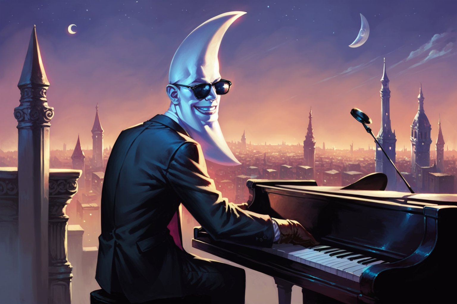 score_9, score_8, score_7, score_8_up, moonman\(human, tall, moon crescent head, wearing business suit and sun glasses, gloves\), sitting and playing the piano, outdoor, night, city