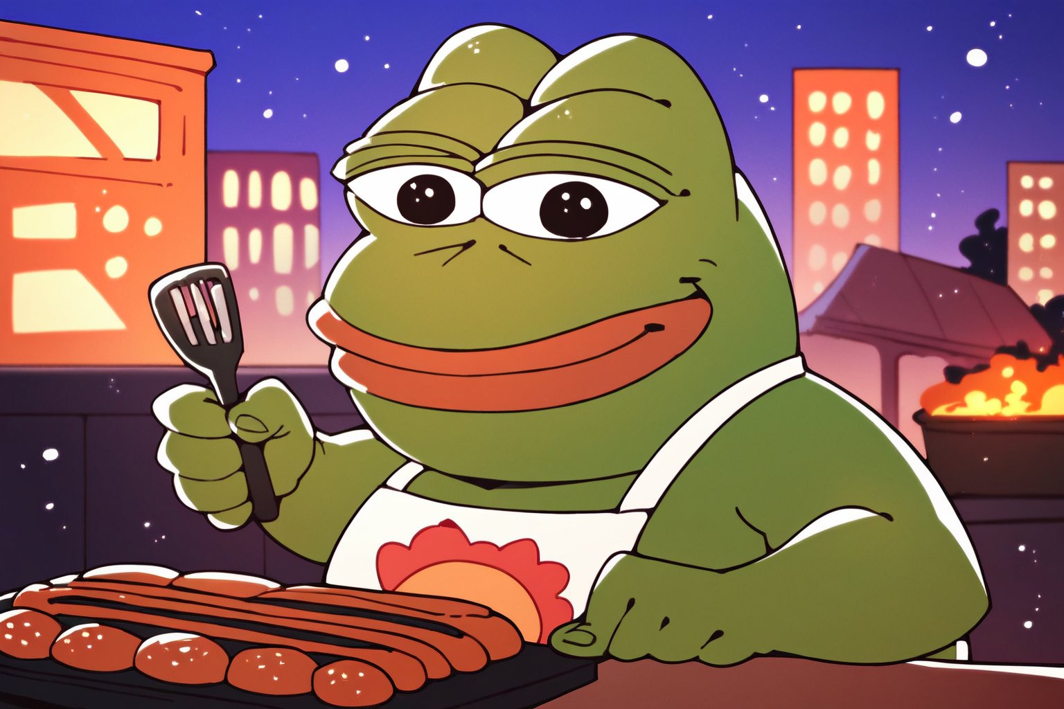 score_9, score_8, score_7, score_8_up, pepe the frog, wearing apron, holding spatula, meat on the grill, outdoor, night, city, giving thumbs up, score_7_up