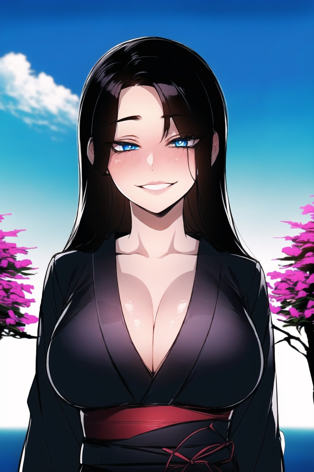 1girl(skinny body, young, 20 years old, long black hair, blue eyes, wearing yukata, big breasts), staring at you seductively with a smile on her face, upper body, background(day, outdoor, sky, sun, ocean, flowers, trees) (masterpiece, highres, high quality:1.2), ambient occlusion, outstanding colors, low saturation,High detailed, Detailedface, Dreamscape,ratatatat74 style