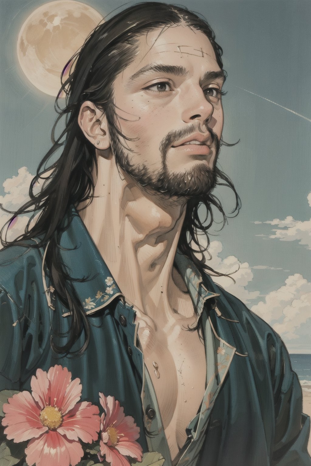 1boy\(male, handsome, young 15 year old, no_hair, long black hair, beard, tall, muscles, strong jaw, sharp cheekbones, thin lips, shirtless\) upper body, background(day, outdoor, sky, sun, ocean, flowers, trees) (masterpiece, highres, high quality:1.2), ambient occlusion, outstanding colors, low saturation,High detailed, Detailedface, Dreamscape,Musashi