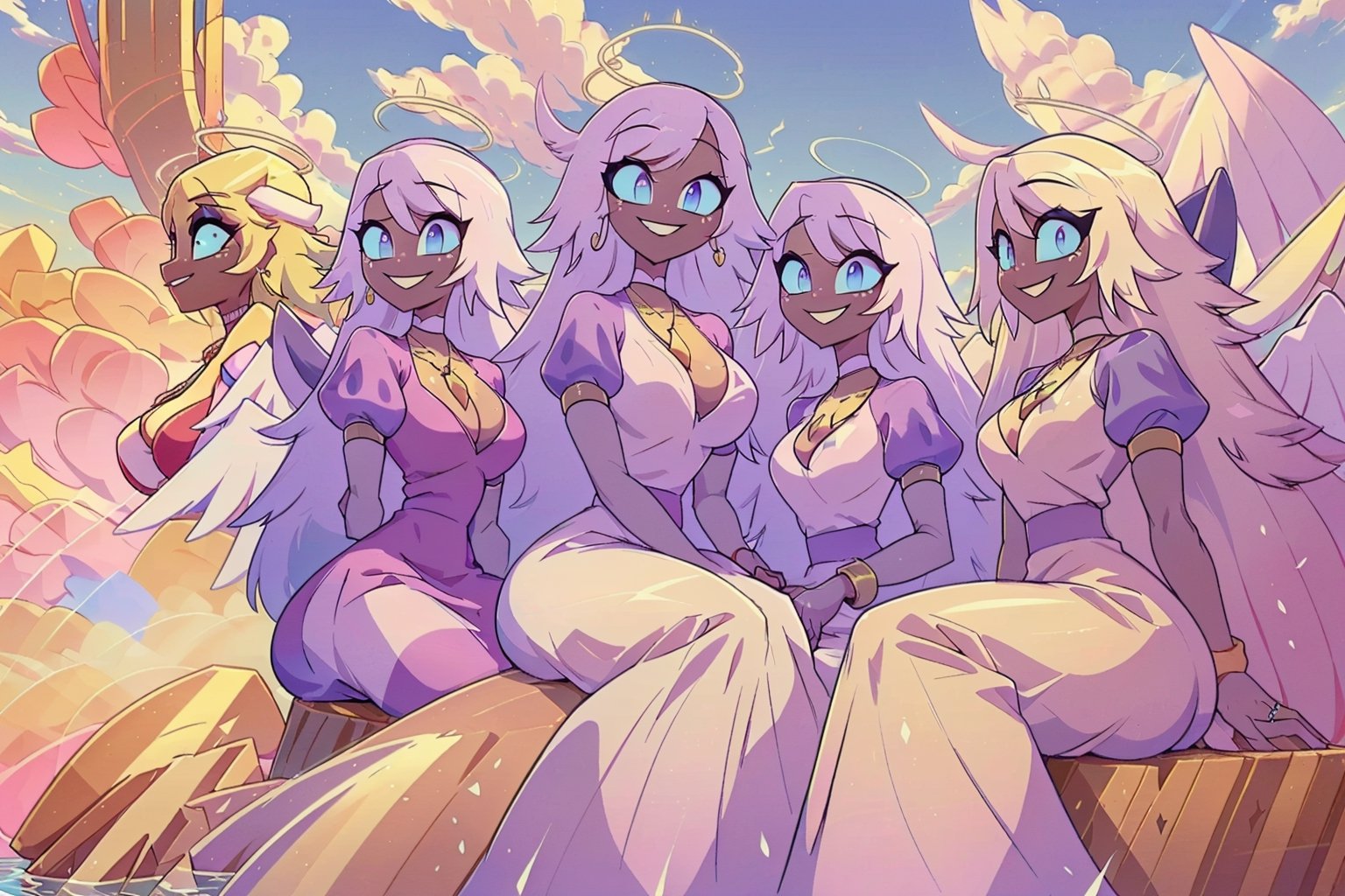 group of girls(emily, slim body, long white hair, blue eyes, eyelashes, jewelry, earrings, necklace, armlet, bracelet, ring, wearing dress, angel wings, large cleavage, headdress, bare shoulders, hoop earrings, bridal gauntlets, feminine, beautiful, cute, gentle smile), looking at viewer seductively, sexy pose, sitting, background(mosques,flower, outdoors, day, sky, tree, plant, birds, cloud, ocean, water, scenery), (masterpiece, highres, high quality:1.2), low saturation,High detailed,perfect,midjourney,pastelbg,pastel colors,multiple girls