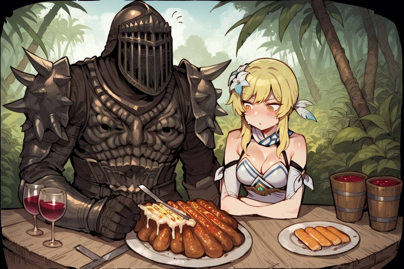 score_9, score_8, score_7, score_8_up, 1boy\(human, dark skin, giant, tall, wearing full madness Armor and helmet\) with 1girl\(medium breasts, Lumine wearing white dress, blushing pouty lips, seductive\), both sitting and eating. (cooked meat, parmesan and wine on the table), jungle, both staring at each other, score_7_up