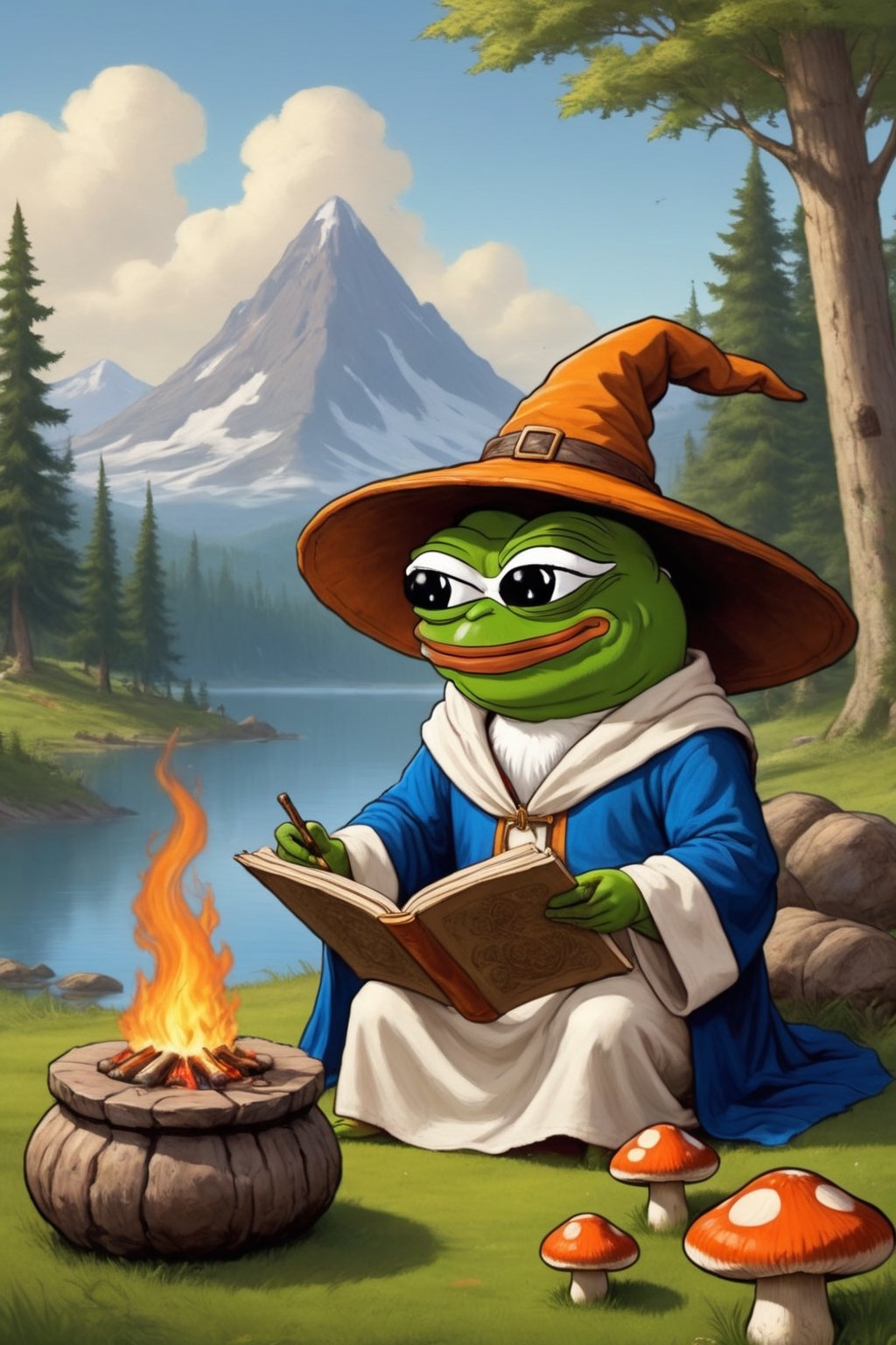 Pepe(frog, old, wearing wizard robe, long white beard, wizard, reading a scroll), sitting and resting on lakeside, campfire, boiling tee, background(outdoor, giant mushrooms, day),(masterpiece, highres, high quality:1.2), ambient occlusion, low saturation, High detailed, Detailedface, (shot from distance),Wojak