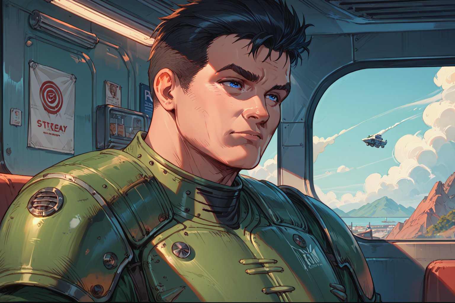 score_9, score_8, score_7, score_7_up, score_8_up, futiristic bedroom, 1boy\(doomguy, green armor,black hair,short hair,blue eyes\), solo, sitting, cafeteria in space station interior, western style, upper body