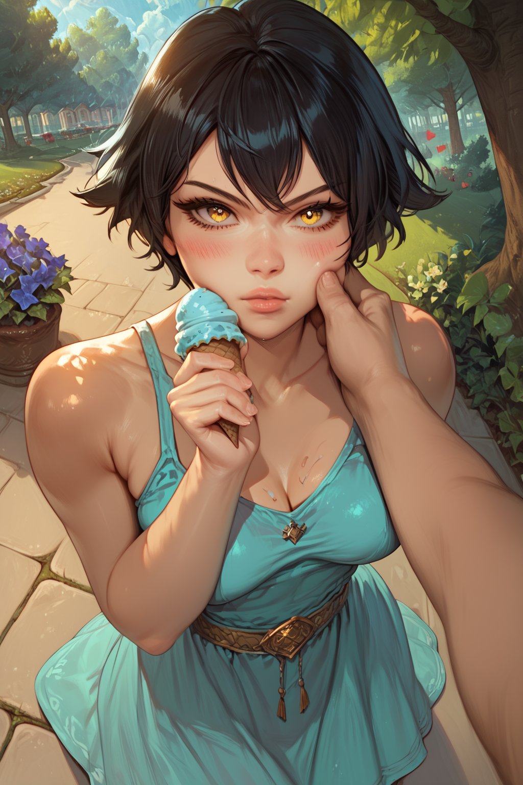 score_9, score_8, score_7, score_7_up, score_8_up, best quality, masterpiece, 4k, pov\(male human muscle\) pinching the cheeks of girl\(tomboy, black hair, short hair, yellow eye, medium breasts, wearing cyan summer dress, gold, jewellery, blushing, toned, athletic skinny body, teasing, pouty lips, pouty look on her face, pinching her cheeks, annoyed, Looking up at viewer\), holding ice cream in one hand, staring at you seductively, park, day, romance, fantasy, ENHANCE XL,ENHANCE Facial details