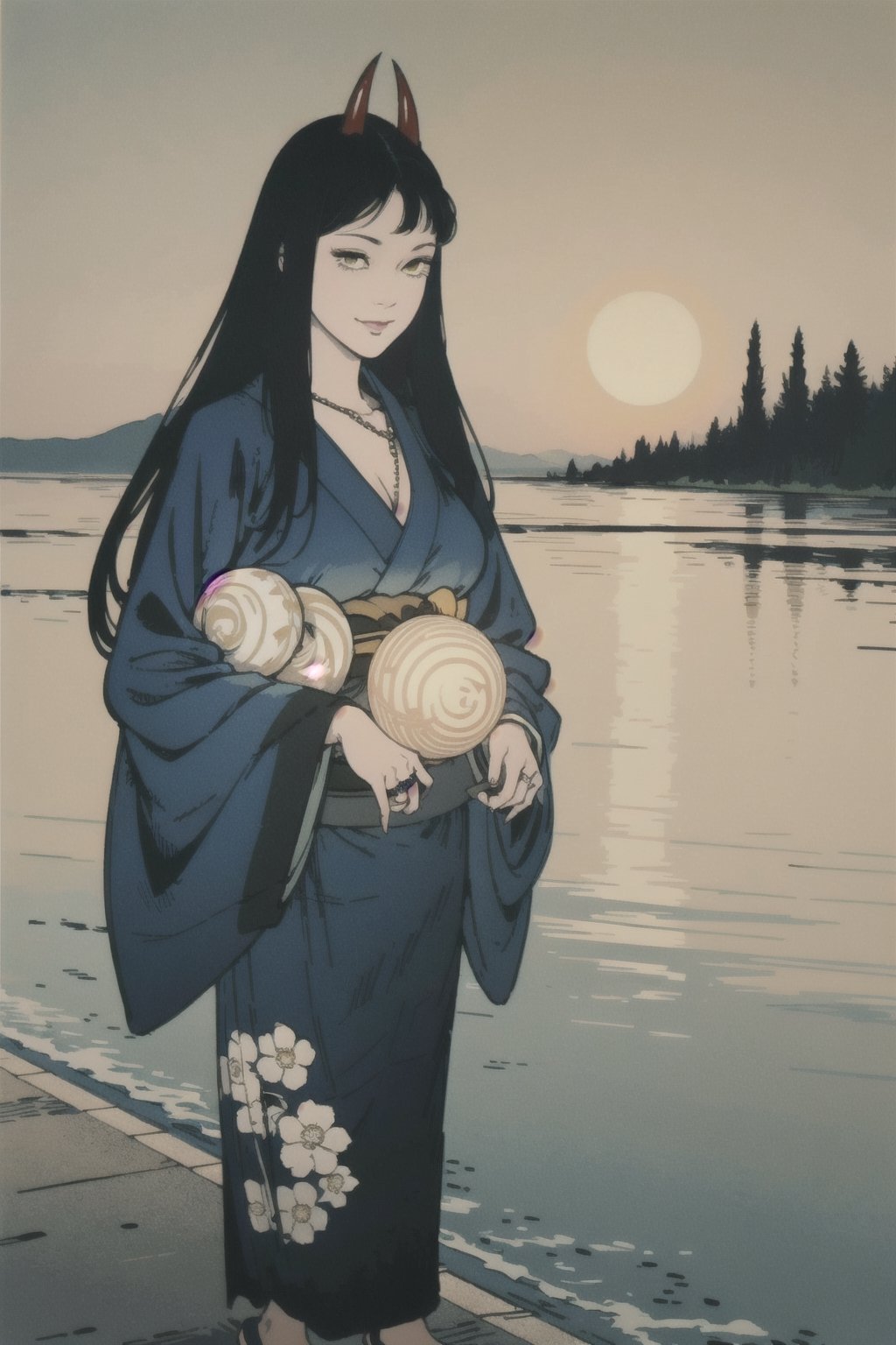 woman\(slim body, long blonde hair, yellow eye color, horns, jewelery, bridal gauntlets, rings, amulets, eyelashes, big breasts, large cleavage, wearing yukata, sandal, feminine, beautiful, mistress\) The scene should convey a seductive smile on her face, with an air of smugness as she maintains eye contact with the viewer, (full body), walking, background(rural area, river, day, sky, sun),(masterpiece, highres, high quality:1.2), ambient occlusion, low saturation, High detailed, Detailedfacez (shot from distance)