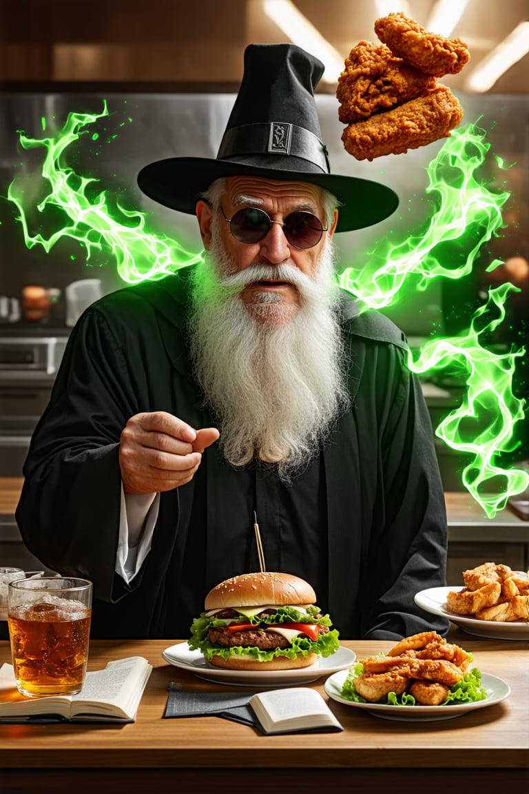 old man\(wearing wizard robe, long white beard, wizard hat, wearing sun glasses, side view), releasing magical green energy, (salad, fried chicken, burger meat and soda with ice are flying in the air), background(fast food restaurant kitchen indoor, fast food employees shoked), (masterpiece, highres, high quality:1.2), ambient occlusion, low saturation, High detailed, Detailedface, (shot from distance), intricate details, dreamlike, concept art, illustration, highly detailed, splash art, artbook, beautiful image, fantasy, realistic