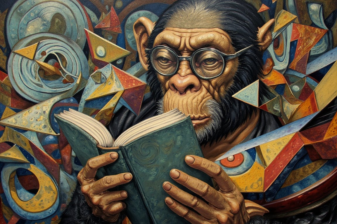 A surreal, geometric oil painting in the style of Salvador Dalí, combining surrealism with abstract geometric shapes. The painting features a thoughtful chimpanzee with glasses, holding an open book. The chimpanzee is partially integrated into an abstract, geometric environment where triangular rectangles, swirling shapes, and fragmented forms float around. The scene incorporates distorted perspectives, with parts of the chimpanzee's body and the book morphing into angular, colorful patterns. The background is a blend of swirling shapes and vibrant geometric forms, creating an otherworldly and dreamlike atmosphere. The overall style is influenced by Dalí's surrealism, with a touch of avant-garde abstraction, blending organic elements with geometric design.