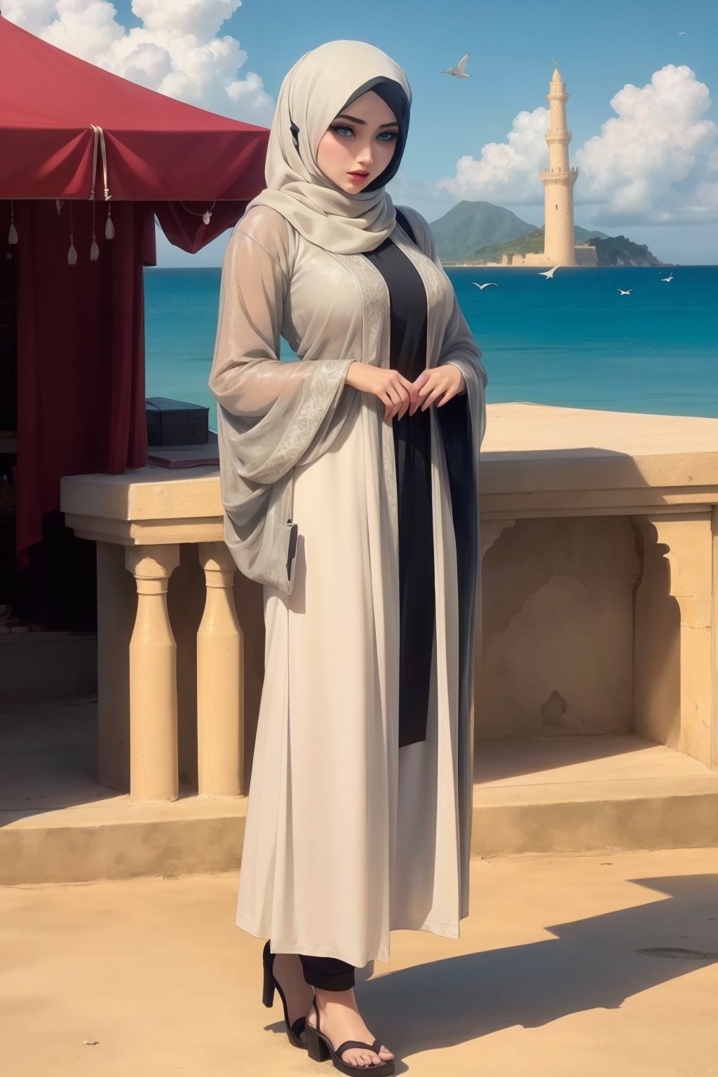 Woman(slim body, young, blue eyes, arab, morrocan, eyelashes, hijab, Wearing a white headscarf and veill,Gorgeous abaya,arabian pants Arabian, feminine, beautiful), (full body), Staring at you while reporting news at news stage, background(outdoor, day, sun, ocean, mosques, birds), (Shot from distance),(masterpiece, highres, high quality:1.2), ambient occlusion, low saturation, High detailed, Detailedface, Dreamscape,perfect