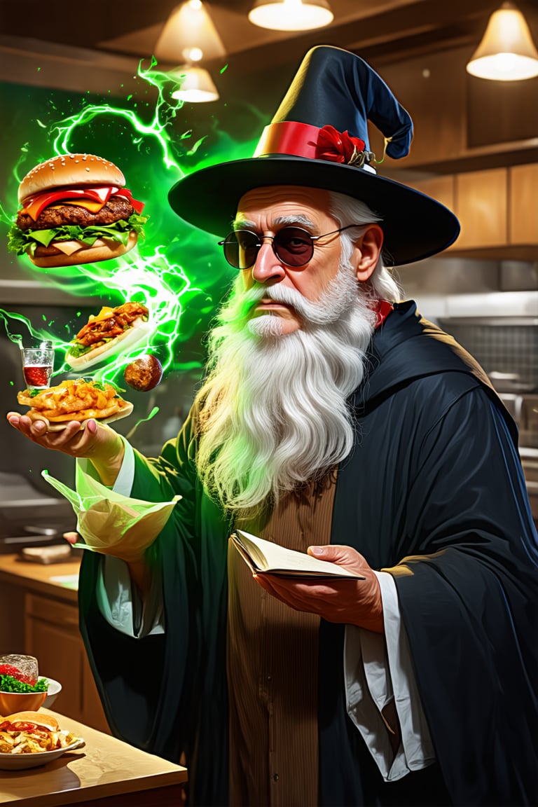 old man\(wearing wizard robe, long white beard, wizard hat, wearing sun glasses, side view), releasing magical green energy, (vegetables, burger meat and soda with ice are flying in the air), background(fast food restaurant kitchen indoor, fast food employees shoked), (masterpiece, highres, high quality:1.2), ambient occlusion, low saturation, High detailed, Detailedface, (shot from distance), intricate details, dreamlike, concept art, illustration, highly detailed, splash art, artbook, beautiful image, fantasy, realistic