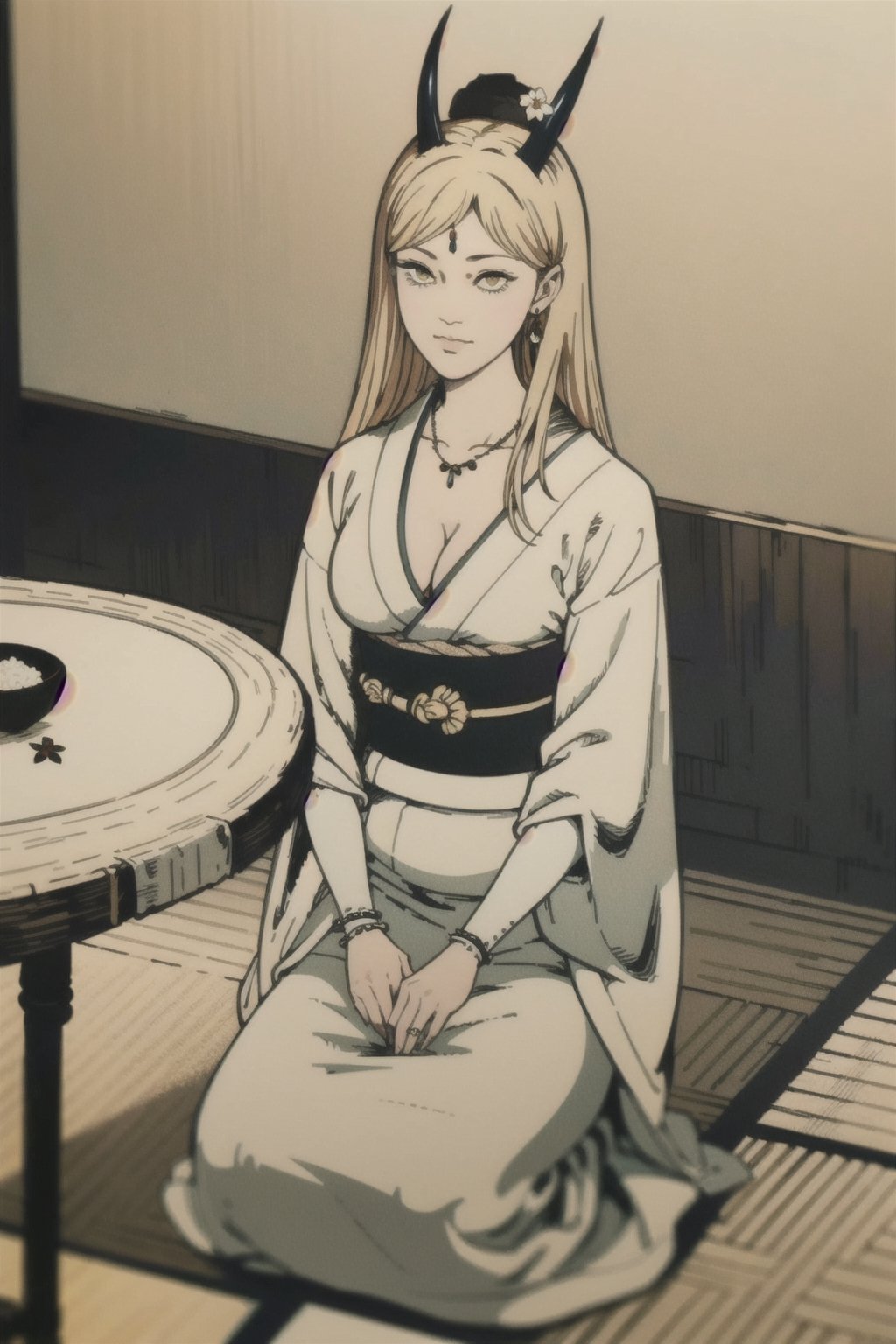 woman\(slim body, long blonde hair, yellow eye color, horns, jewelery, bridal gauntlets, rings, amulets, eyelashes, big breasts, large cleavage, wearing yukata, sandal, feminine, beautiful, mistress\) The scene should convey a seductive and arrogant smug expression on her face, with an air of smugness as she maintains eye contact with the viewer, (full body), sitting, background(luxurious japanese restaurant, pillows, sky, night, table(sake, rice), pots with flowers),(masterpiece, highres, high quality:1.2), ambient occlusion, low saturation, High detailed, Detailedface