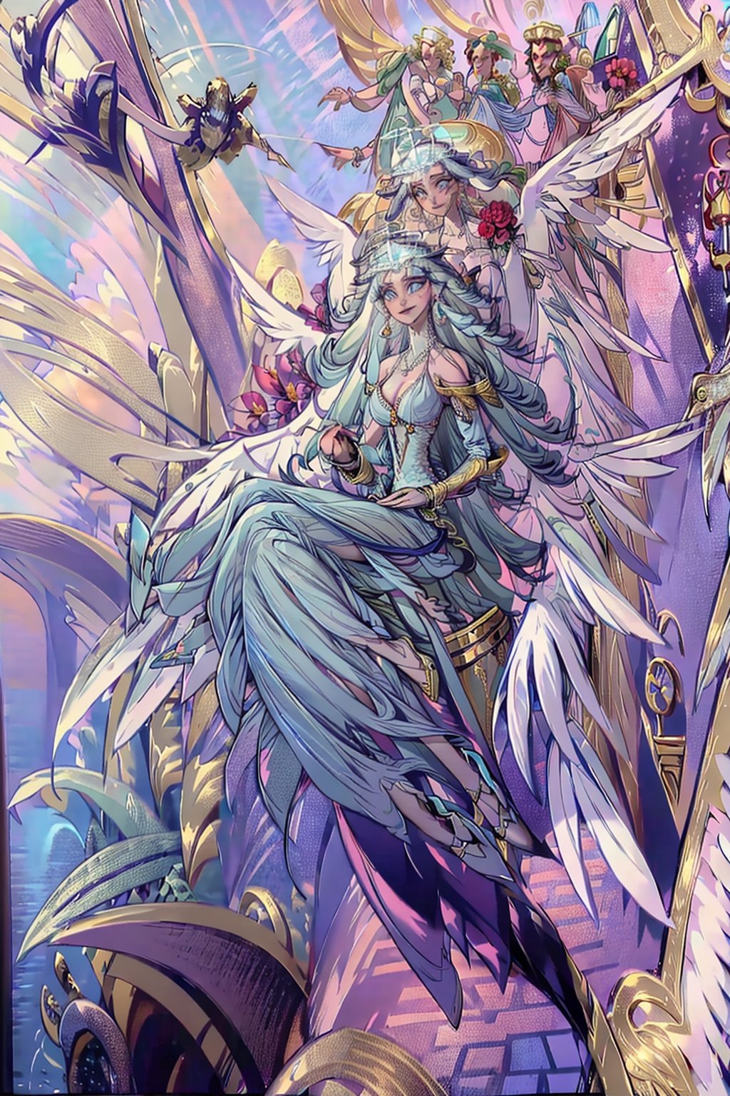 Sera(slim body, long white hair, blue eyes, eyelashes, jewelry, earrings, necklace, wings, angel, armlet, bracelet, ring, wearing dress, angel, large cleavage, big breasts, headdress, bare shoulders, hoop earrings, bridal gauntlets, feminine, beautiful, gentle smile), looking at viewer seductively, sitting on a throne, background(flower, outdoors, day, sky, tree, plant, cloud, ocean, water, scenery), (masterpiece, highres, high quality:1.2), low saturation,High detailed,perfect,oil painting
