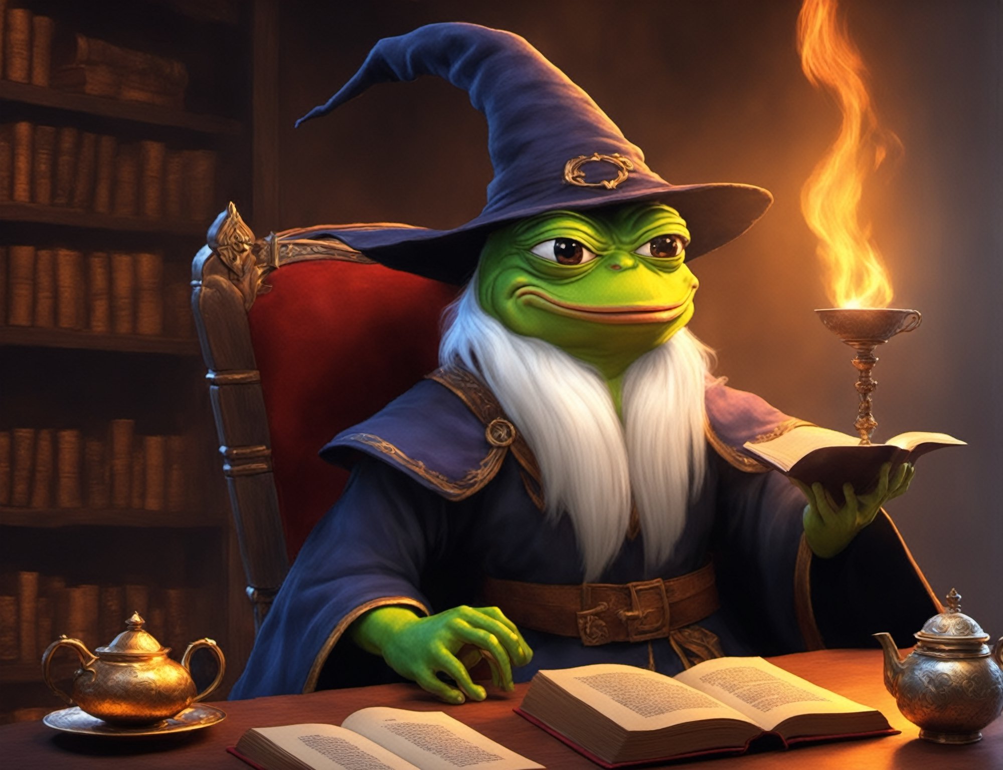 Pepe the frog(wearing wizard outfit, wizard hat, wise old, long white beard, smiling, reading a book, smoking with a pipe), full body, sitting on a expensive chair, tea pot and tea cup on the table, background(magical living room, books, scrolls, magic ball), fantasy, Oil painting, heavy brush strokes, (Shot from distance)(masterpiece, highres, high quality:1.2), ambient occlusion, low saturation, High detailed, Detailedface, Dreamscape, (Dungeon and Dragons fantasy setting)