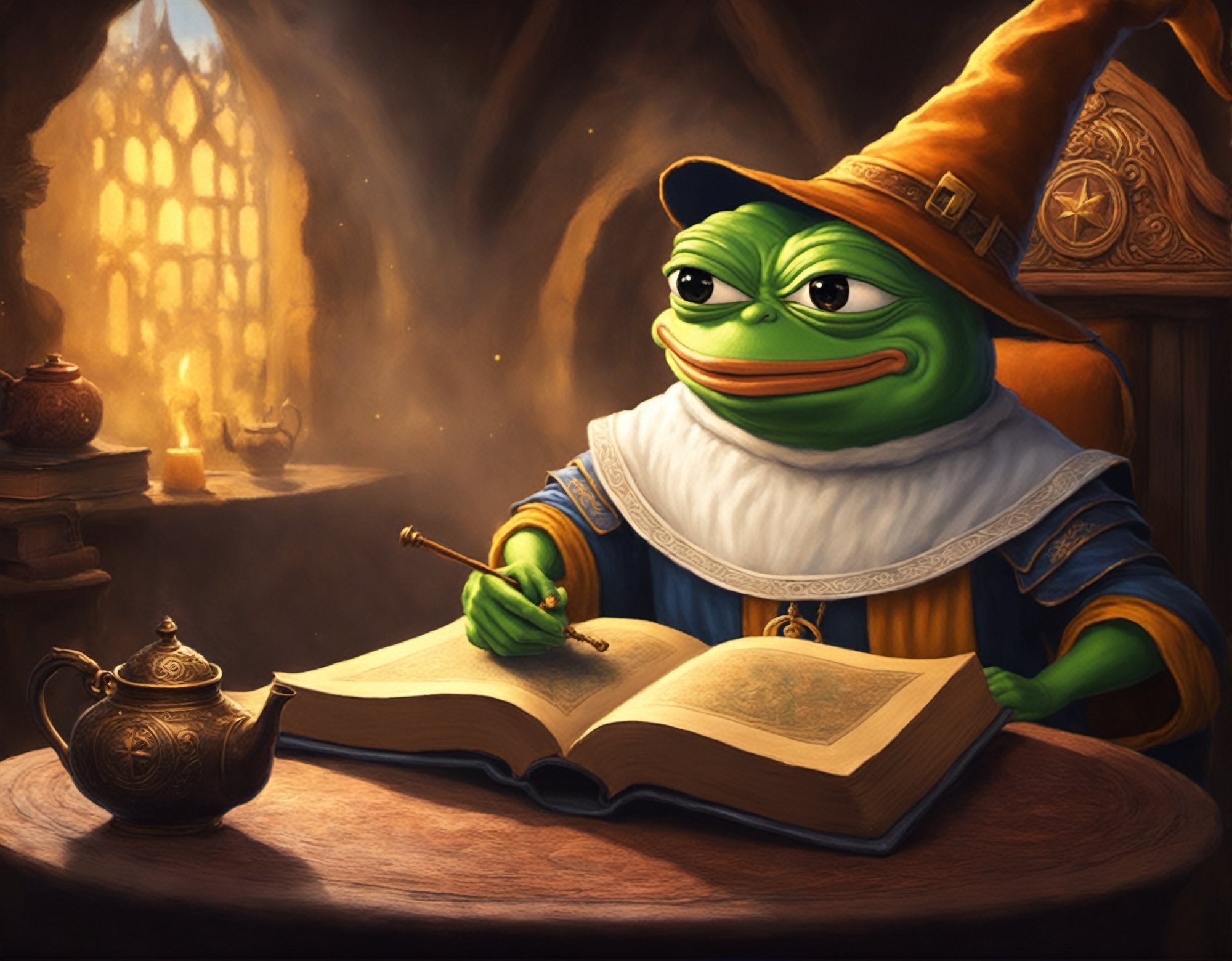 Pepe the frog(wearing wizard outfit, wizard hat, wise old, long white beard, feels good, smiling, reading a book), full body, sitting on a expensive chair, tea pot and tea cup on the table, background(magical living room, books, scrolls, magic ball), fantasy, Oil painting, heavy brush strokes, (Shot from distance)(masterpiece, highres, high quality:1.2), ambient occlusion, low saturation, High detailed, Detailedface, Dreamscape, (Dungeon and Dragons fantasy setting)