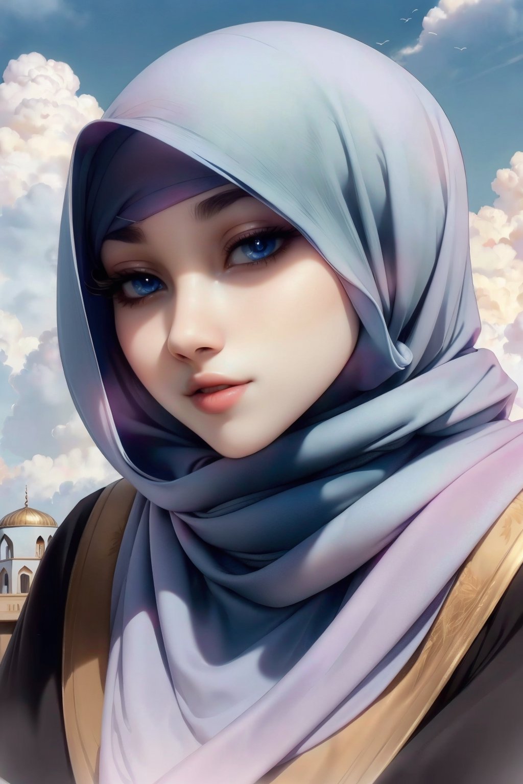 Woman(slim body, young, blue eyes, eyelashes, hijab, Wearing a white headscarf and veill,Gorgeous abaya,arabian pants Arabian, feminine, beautiful), looking at viewer with cute expression, sitting, (shot from distance), background(outdoors, day, sky, cloud, mosque), (masterpiece, highres, high quality:1.2), low saturation,High detailed,soft shading