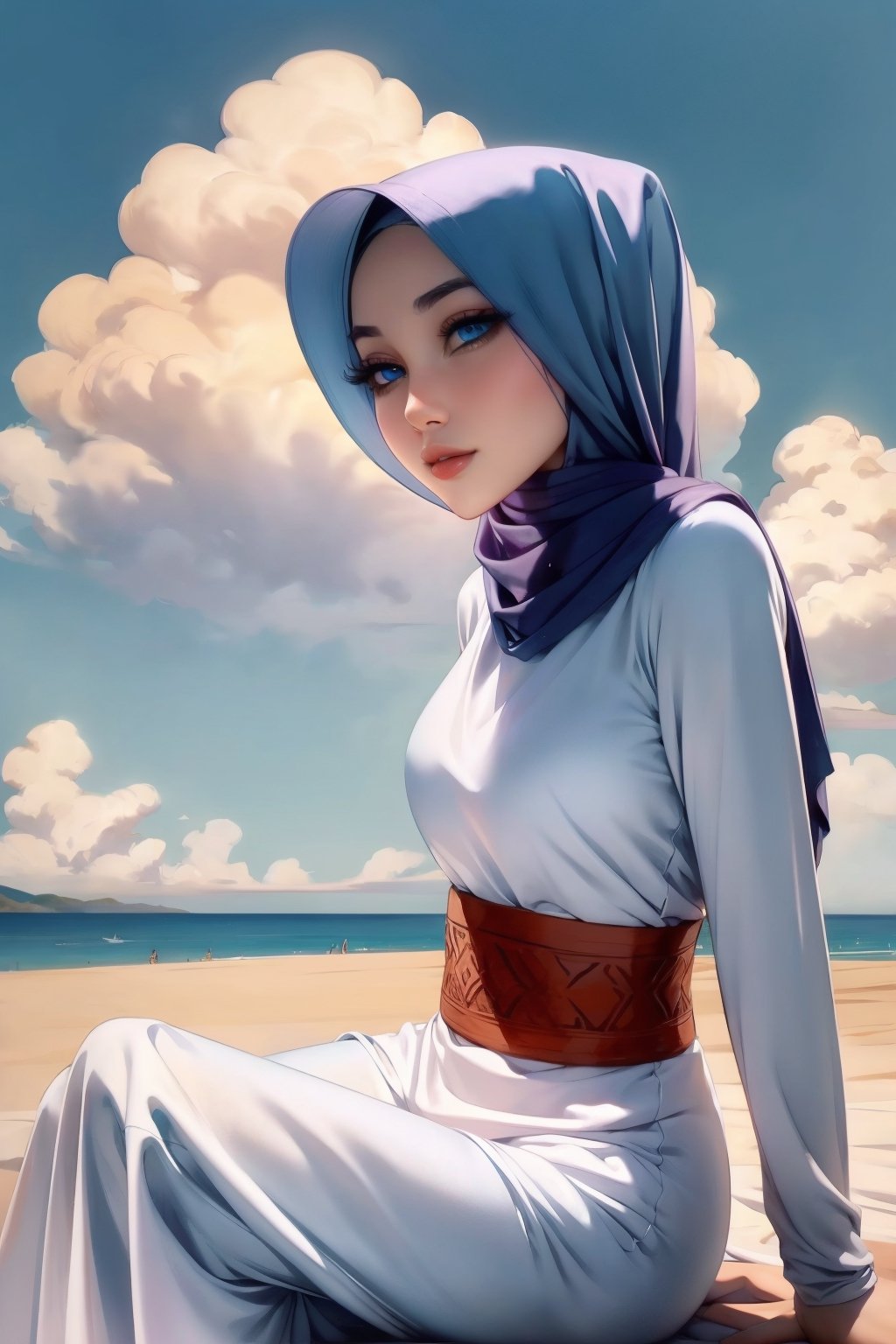 Woman(slim body, young, blue eyes, morrocan, eyelashes, hijab, Wearing a white headscarf and veill,Gorgeous abaya,arabian pants Arabian, feminine, beautiful), looking at viewer with cute expression, sitting, (shot from distance), full body, background(outdoors, day, sky, cloud, mosque, ocean), (masterpiece, highres, high quality:1.2), low saturation,High detailed,soft shading