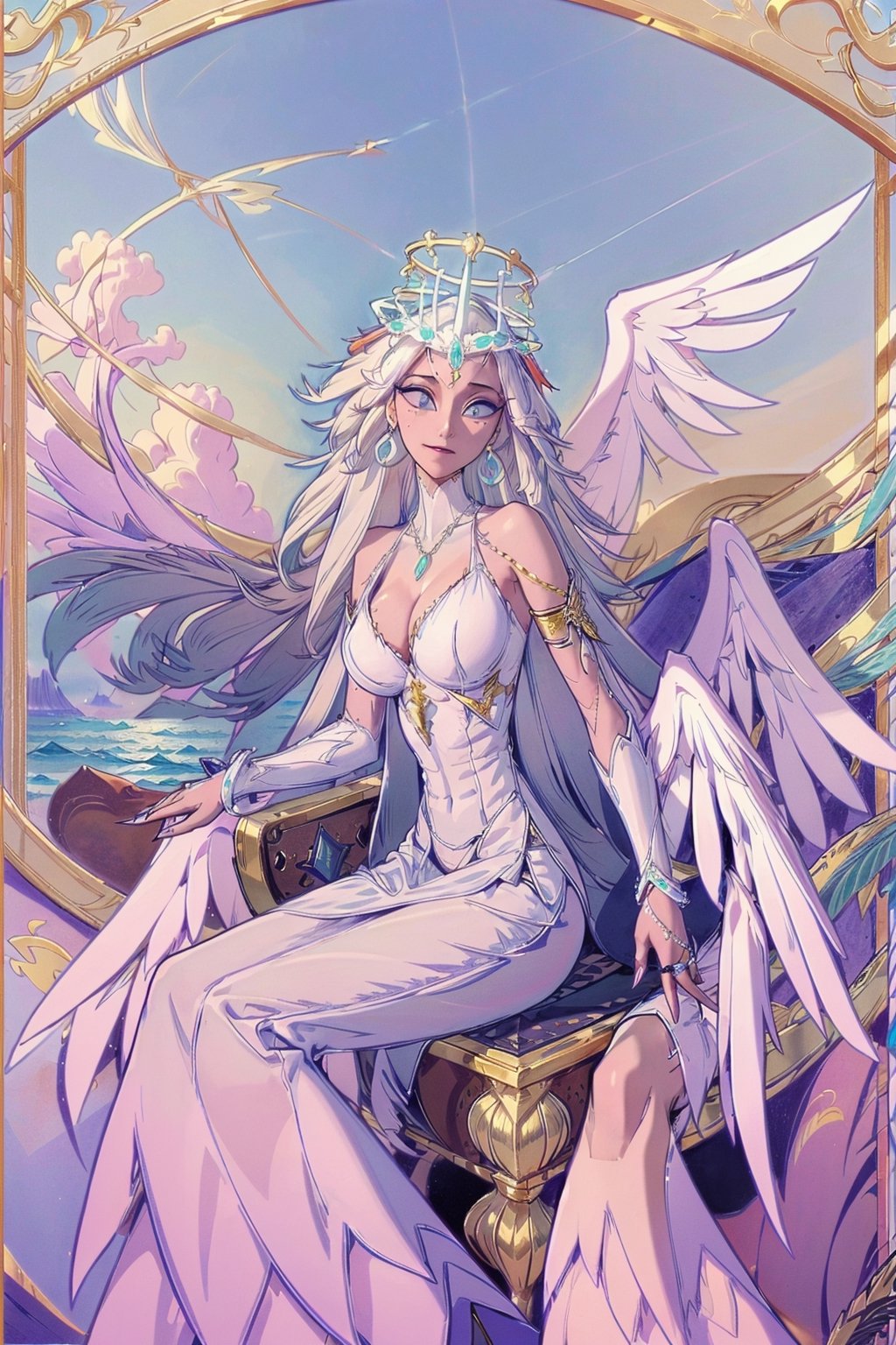 Sera(slim body, long white hair, blue eyes, eyelashes, jewelry, earrings, necklace, wings, angel, armlet, bracelet, ring, wearing dress, angel, large cleavage, big breasts, headdress, bare shoulders, hoop earrings, bridal gauntlets, feminine, beautiful, gentle smile), looking at viewer seductively, sitting on a throne, background(flower, outdoors, day, sky, tree, plant, cloud, ocean, water, scenery), (masterpiece, highres, high quality:1.2), low saturation,High detailed,perfect,oil painting,classic painting