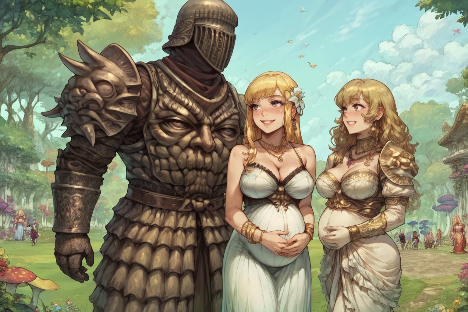 score_9, score_8, score_7, score_7_up, score_8_up, 1boy\(human, giant, tall, wearing madness Armor and (madness helmet)\) walking hand in hand with 2girls\(Yang Xiao Long and Lumine, both smiling, both pregnant, jewellery, gold, both wearing harem dresses, pouty lips, seductive, blushing\), both staring at each other seductively, day, luxurious garden, magical butterflies, outdoor, mushroom trees, romance, fantasy, hetero