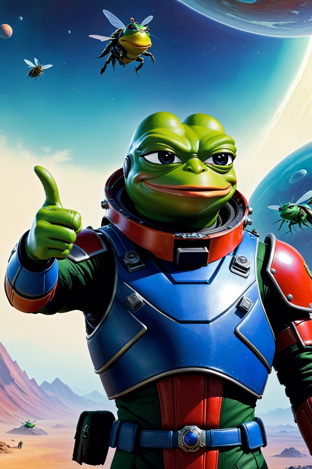 Pepe the frog wearing helldiver Armor giving thumbs up, giant alien insects, background(alien planet), fantasy, Oil painting, heavy brush strokes, colourful, epic art, (masterpiece, highres, high quality:1.2), ambient occlusion, low saturation, High detailed, Detailedface, Dreamscape