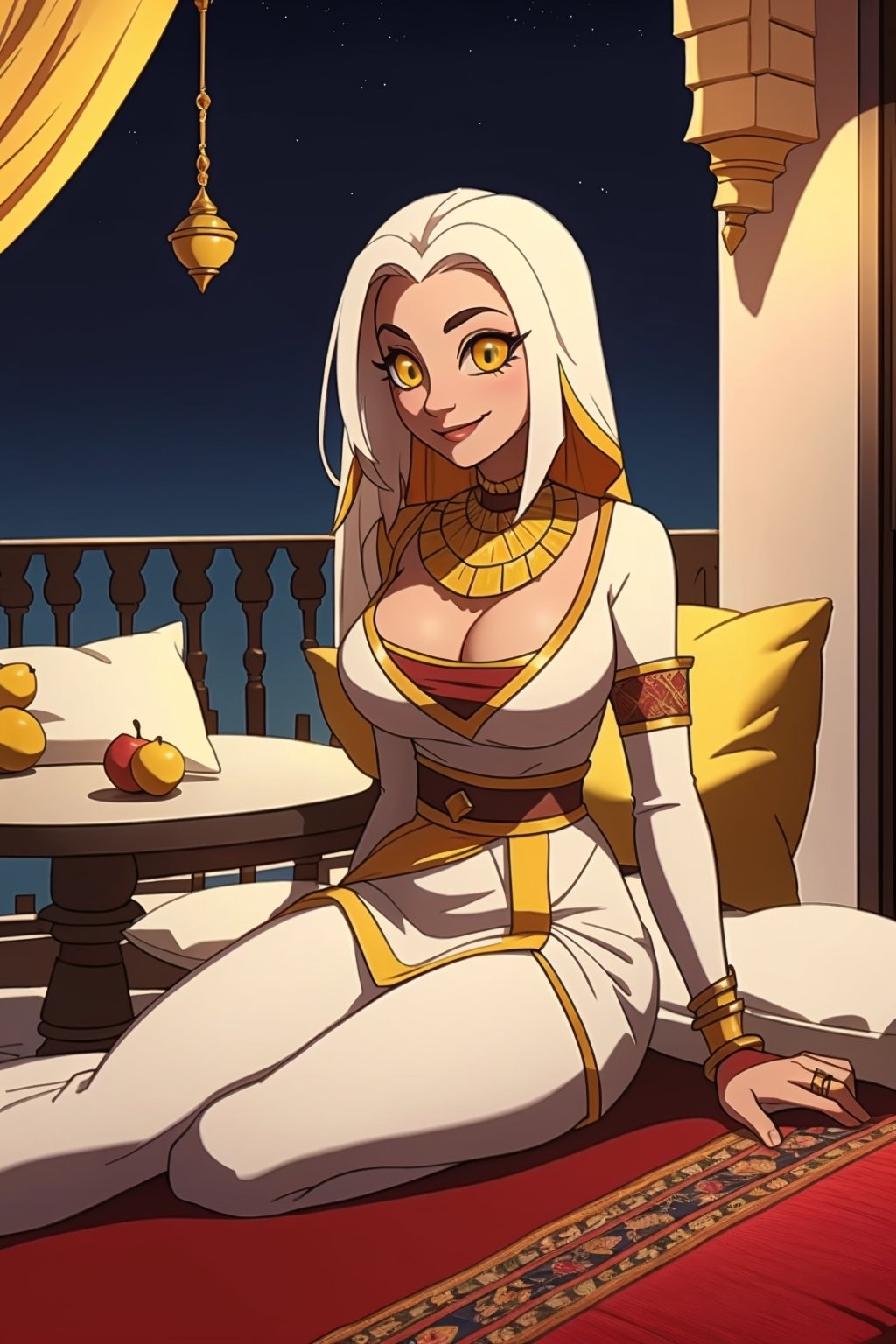 Lute\(thicc body, white hair, yellow eyes, jewelery, bridal gauntlets, rings, amulets, eyelashes, large cleavage, wearing full harem dress, sandal, feminine, beautiful, mistress\), sitting on matress, The scene should convey a seductive smile expression on her face, with an air of cuteness as she maintains eye contact with the viewer, background(luxurious arabian balcony, pillows, sky, night, table(fruits)),(masterpiece, highres, high quality:1.2), ambient occlusion, low saturation, High detailed, Detailedface,Lut