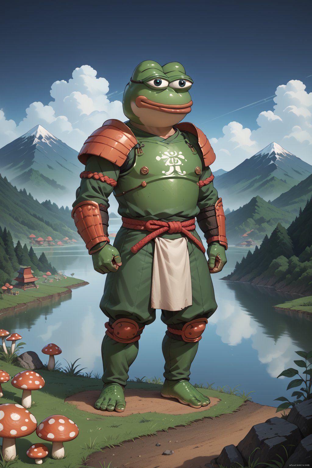 score_9, score_8, score_7, score_7_up, score_8_up, pepe the frog(wise, frog feet, quiet, wearing samurai armor with helmet and cuirass, ornate, light steel plate design which is worn over cloth padding), (full body) standing, background(mountain, volcano, giant mushrooms, lake, night), (solo), (masterpiece, highres, high quality:1.2), ambient occlusion, low saturation, High detailed, anime