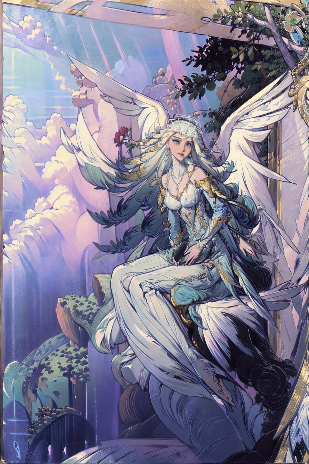 Sera(slim body, long white hair, blue eyes, eyelashes, jewelry, earrings, necklace, wings, angel, armlet, bracelet, ring, wearing dress, angel, large cleavage, big breasts, headdress, bare shoulders, hoop earrings, bridal gauntlets, feminine, beautiful, gentle smile), looking at viewer seductively, sitting on a throne, background(flower, outdoors, day, sky, tree, plant, cloud, ocean, water, scenery), (masterpiece, highres, high quality:1.2), low saturation,High detailed,perfect,oil painting,classic painting