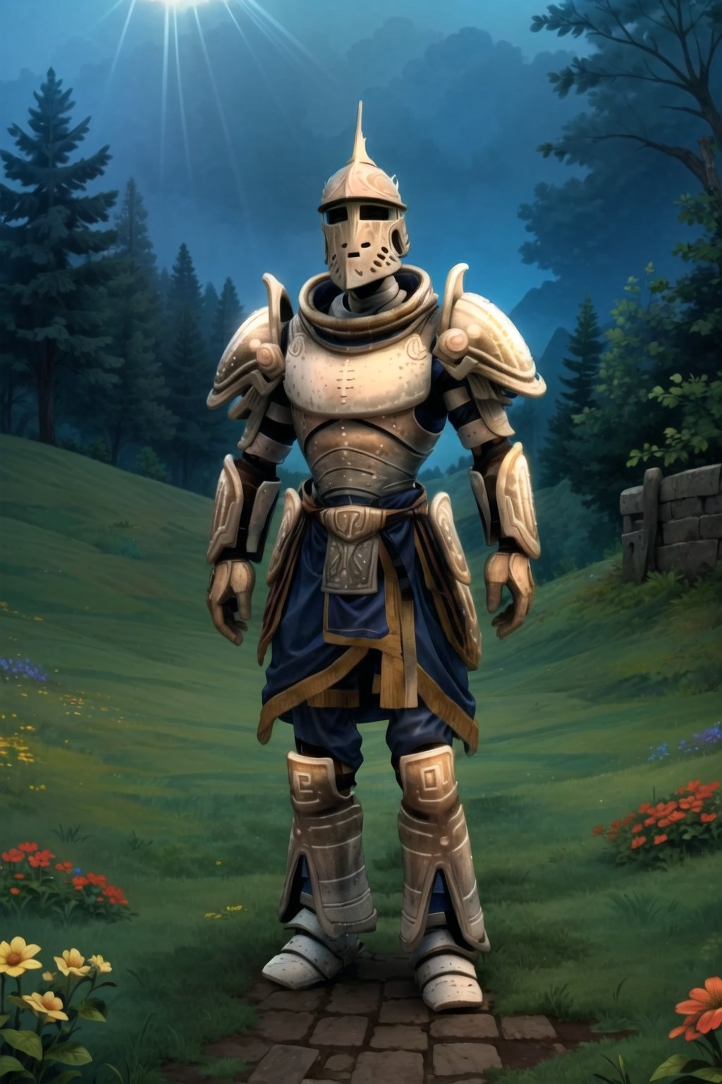 High resolution, extremely detailed, atmospheric scene, masterpiece, best quality, high resolution, 32k, high quality), (Full Body), knight(wearing full armor and helmet, tall), standing at the entrance of a dungeon, surrounded by rolling green hills and colorful flowers. The sunlight casts a warm, golden glow.