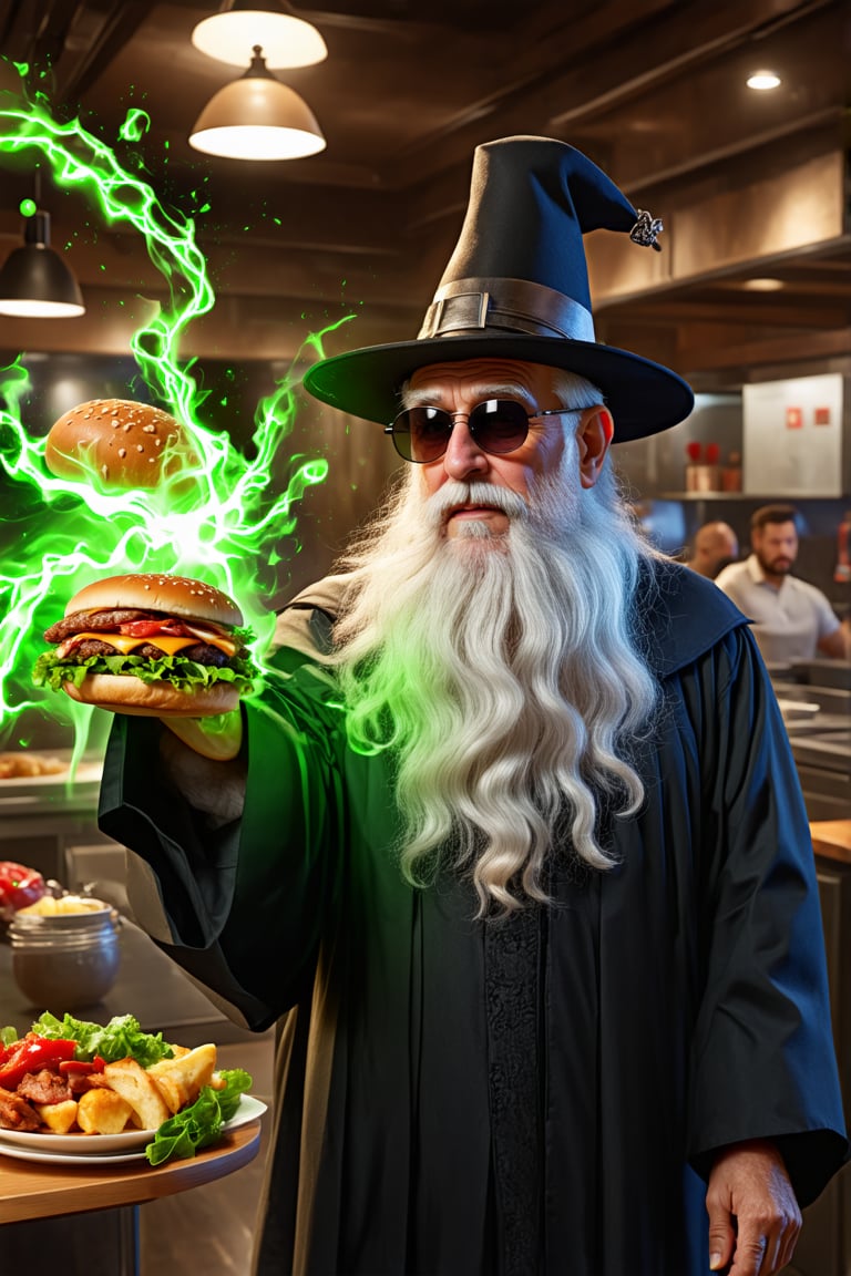 old man\(wearing wizard robe, long white beard, wizard hat, wearing sun glasses, side view), releasing magical green energy, vegetables and burger meat are flying in the air, background(fast food restaurant kitchen indoor, fast food employees shoked), (masterpiece, highres, high quality:1.2), ambient occlusion, low saturation, High detailed, Detailedface, (shot from distance), intricate details, dreamlike, concept art, illustration, highly detailed, splash art, artbook, beautiful image, fantasy, realistic