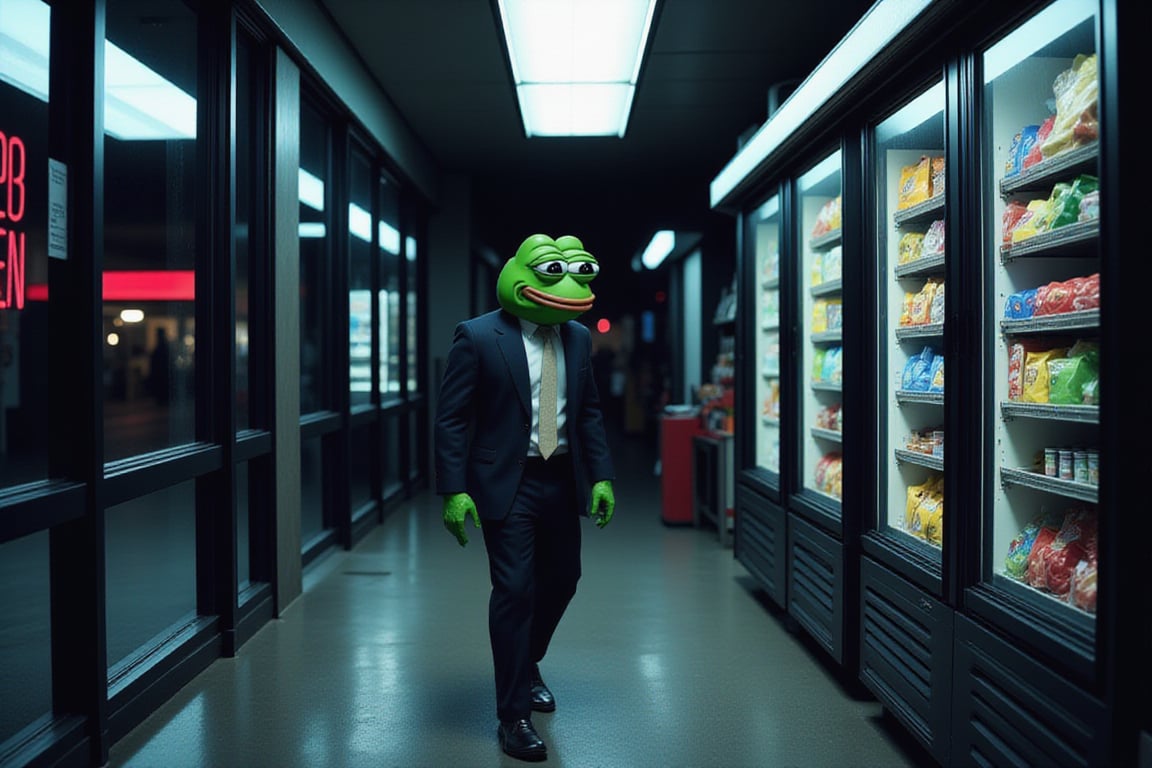 A highly detailed scene inside a dimly lit gas station late at night. Pepe the Frog, still dressed in his wrinkled, slightly disheveled business suit, wanders the aisles aimlessly. His eyes, heavy with exhaustion and sadness, scan the shelves for snacks, but there's a sense that he's not really focused on what he's looking for. His slouched posture and slow, dragging steps reflect his deep sense of depression and weariness, as if he's moving on autopilot after a long, draining day.

The harsh fluorescent lights overhead cast a stark glow on the rows of brightly colored snack packages and drinks, but the atmosphere feels muted and cold. The gas station is almost entirely empty, save for the faint hum of the refrigerators and the distant sound of the gas pump outside. Pepe’s blank expression shows a man lost in thought, overwhelmed by the weight of his emotions, yet going through the mundane motions of life. The reflection of the neon ‘open’ sign on the glass window subtly flickers, reinforcing the sense of isolation in this late-night moment.