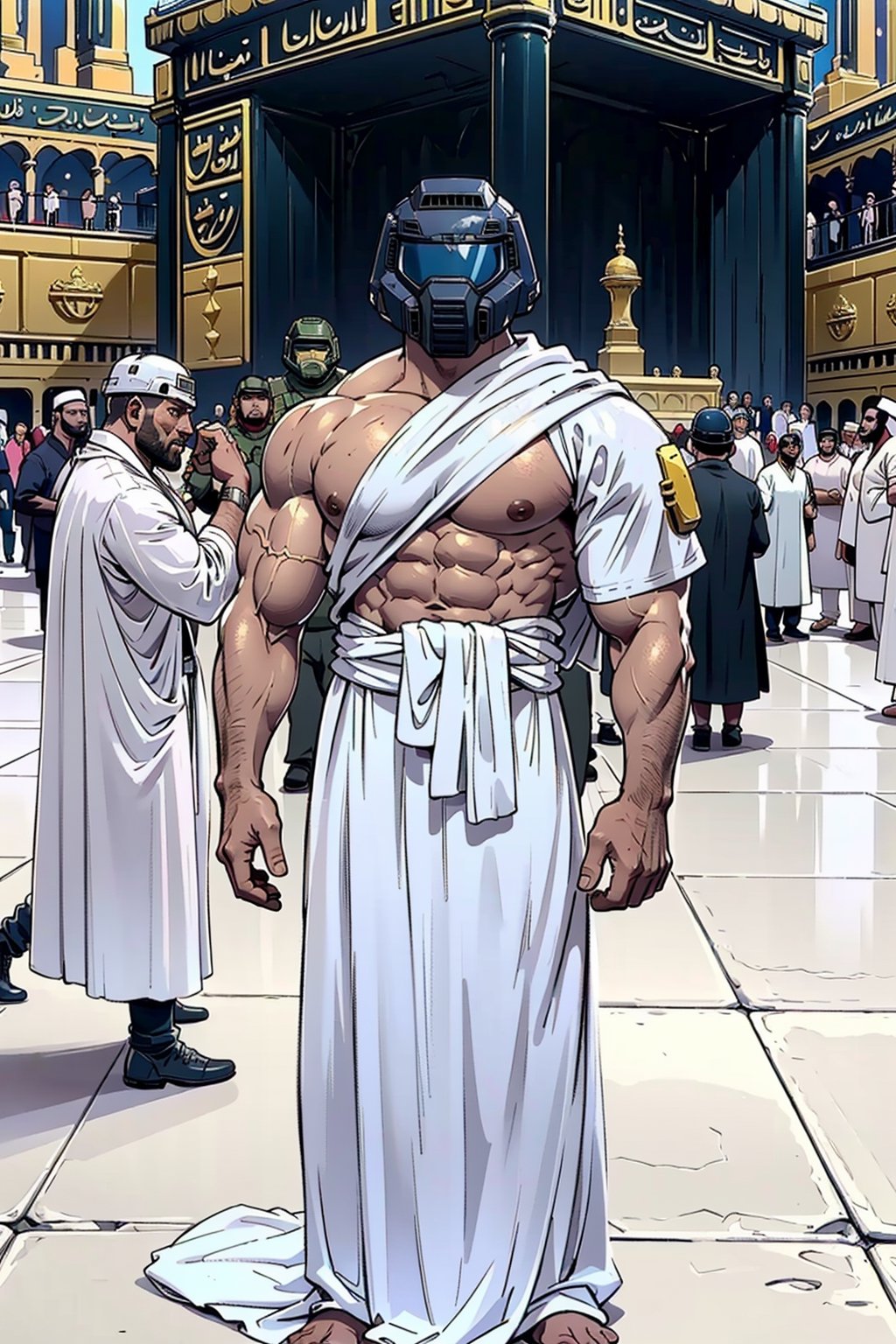 Doomguy(bodybuilder, tall, naked but wearing white robe Ihram and helmet) standing, (shot from distance), background(mecca, kaaba, islam) (masterpiece, highres, high quality:1.2), ambient occlusion, outstanding colors, low saturation,High detailed, Detailedface, Dreamscape