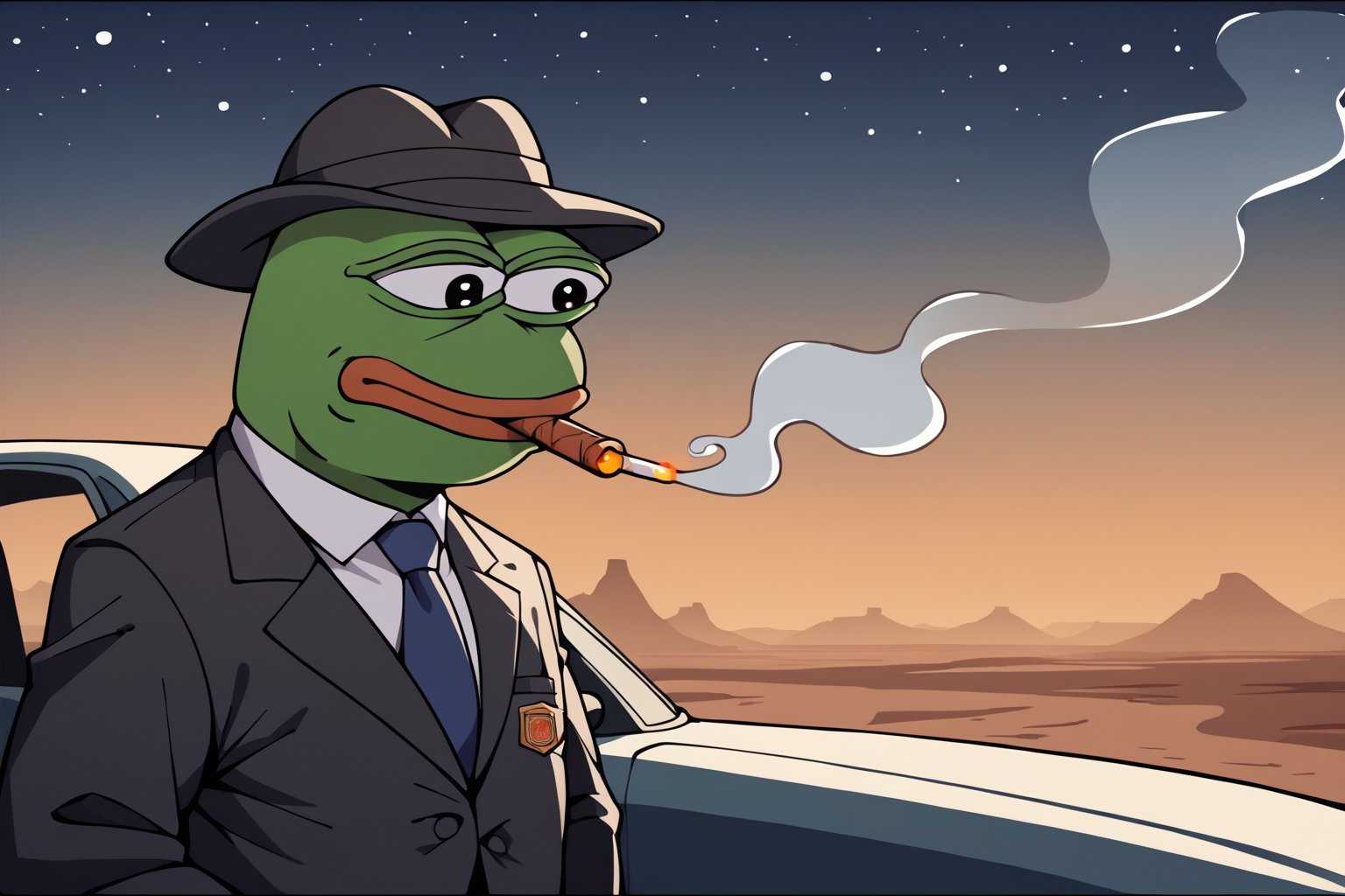 score_9, score_8, score_7, score_7_up, score_8_up, pepe the frog wearing black business suit, cowbot hat, smoking a cigar, upper body, mojave desert, classic car in background, apocalyptic, exterior, night,0ut3rsp4c3