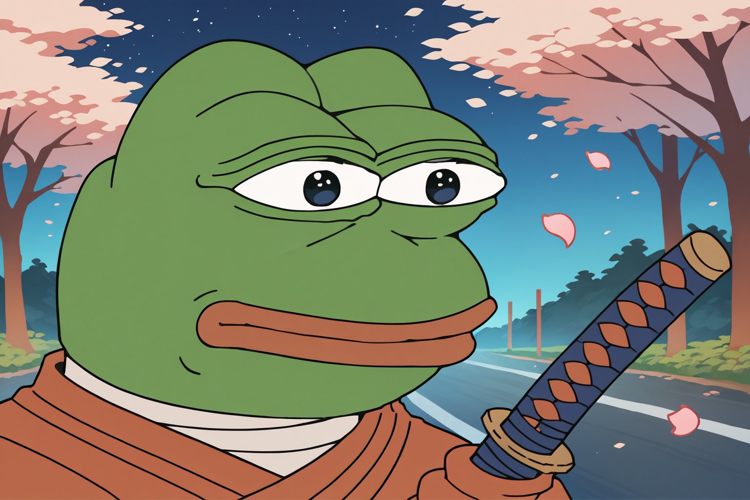 score_9, score_8, score_7, score_7_up, score_8_up, pepe the frog wearing samurai armor, holding Katana, upper body, Japanese Forest, classic car in background, exterior, night, Sakura petals, vagabond 