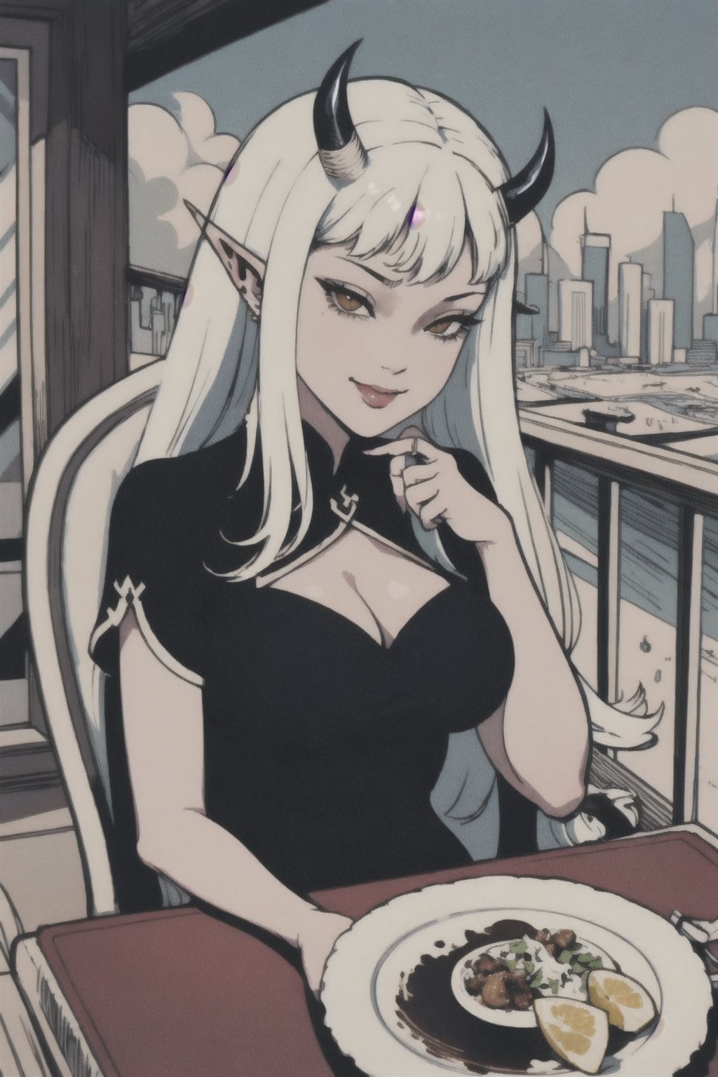 pov across table, looking at viewer, sitting, solo, cup of coffee, table, plate, fork, depth of field, food, spoon, head rest, woman\(slim body, young, Oni horns, demon elf ears, long white hair, red eyes, jewelery, bridal gauntlets, rings, amulets, eyelashes, large cleavage, wearing full harem dress, sandal, feminine, beautiful, mistress\), The scene should convey a seductive and smug smile expression on her face, with an air of arrogance as she maintains eye contact with the viewer, blurry background(luxurious arabian balcony, outdoor, sky, day, Dubai city, pillows),(masterpiece, highres, high quality:1.2), ambient occlusion, low saturation, High detailed, Detailedface, break CONCEPT_pov_dating_ownwaifu,www.ownwaifu.com