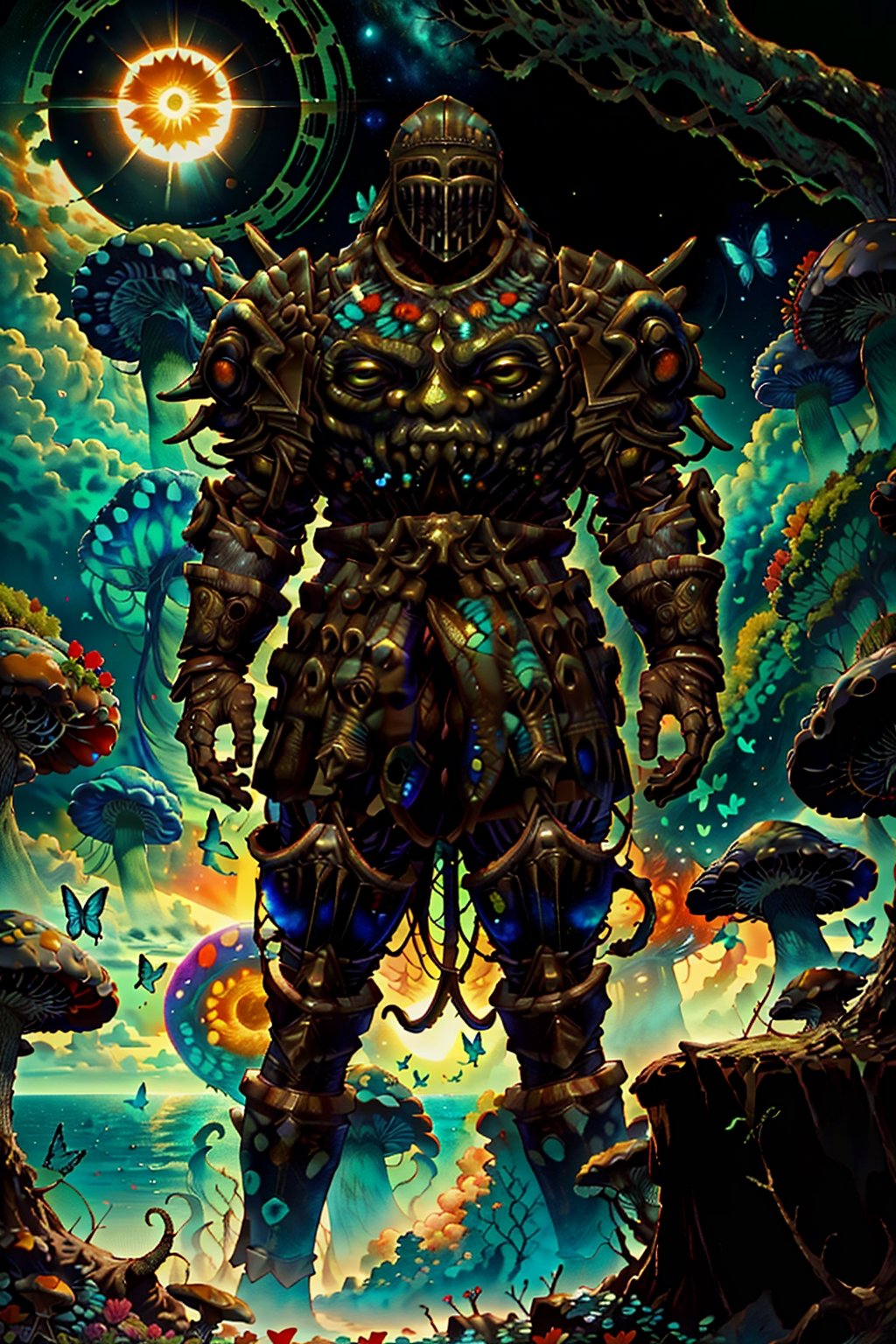 1boy(tall, wearing Madness armor and helmet fused with cosmic eldritch), staring at you (shot from distance), background(day, outdoor, sky, sun, ocean, flowers, trees, giant mushrooms, butterflies) (masterpiece, highres, high quality:1.2), ambient occlusion, low saturation,High detailed, Dreamscape