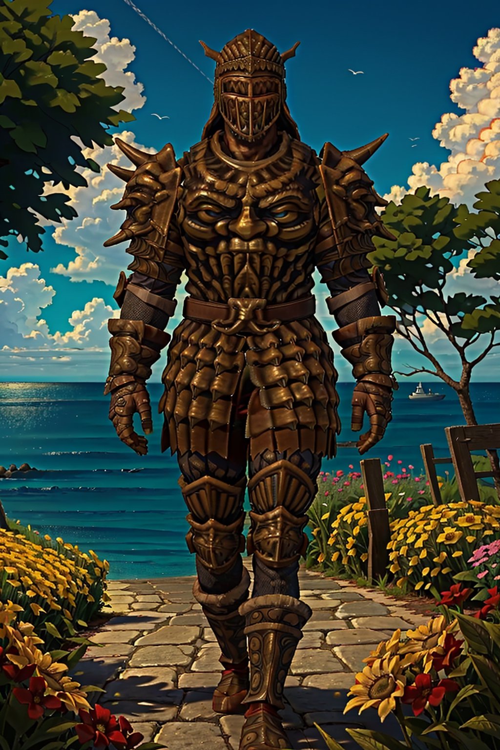 1boy(tall, wearing Madness armor, helmet), walking, romantic, (shot from distance), background(day, outdoor, sky, sun, ocean, flowers, trees) (masterpiece, highres, high quality:1.2), ambient occlusion, outstanding colors, low saturation,High detailed, Detailedface, Dreamscape