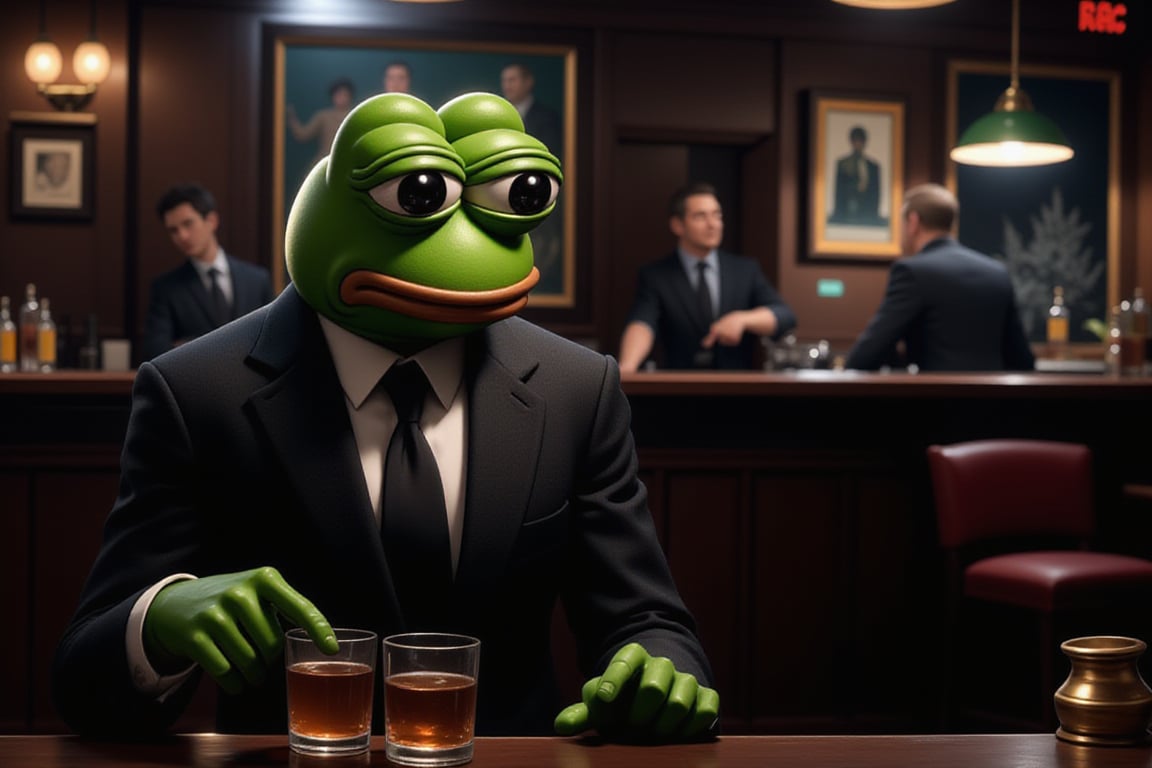 A highly detailed scene, in a dimly lit bar, Pepe the Frog sits alone at the counter, dressed in a sharp but slightly disheveled business suit. His hunched posture and downcast expression reflect a deep sense of sadness and exhaustion, as if the weight of the day has finally caught up with him. A glass of alcohol rests in his hand, the amber liquid half-finished, as he stares blankly ahead, lost in thought. The bar’s soft lighting casts long shadows across his tired face, while the background hum of other patrons and soft music fades into the distance, emphasizing his isolation. The scene captures a moment of quiet reflection and melancholy, as Pepe drowns his sorrows after a long day at work.