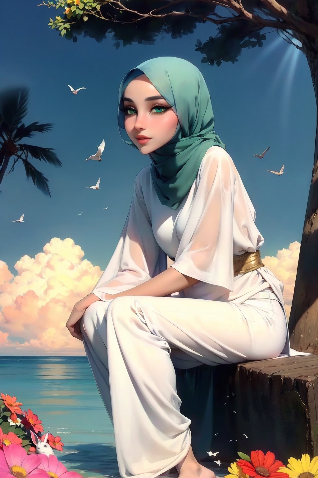 Woman(slim body, young, green eyes, arab, morrocan, eyelashes, hijab, Wearing a white headscarf and veill,Gorgeous abaya,arabian pants Arabian, feminine, beautiful), full body, looking at viewer with cute expression, sitting, (shot from distance), background(mosques, day, outdoor, sky, sun, tree, ocean, flowers, birds, bunnies, rabbits), (masterpiece, highres, high quality:1.2), low saturation,High detailed,soft shading