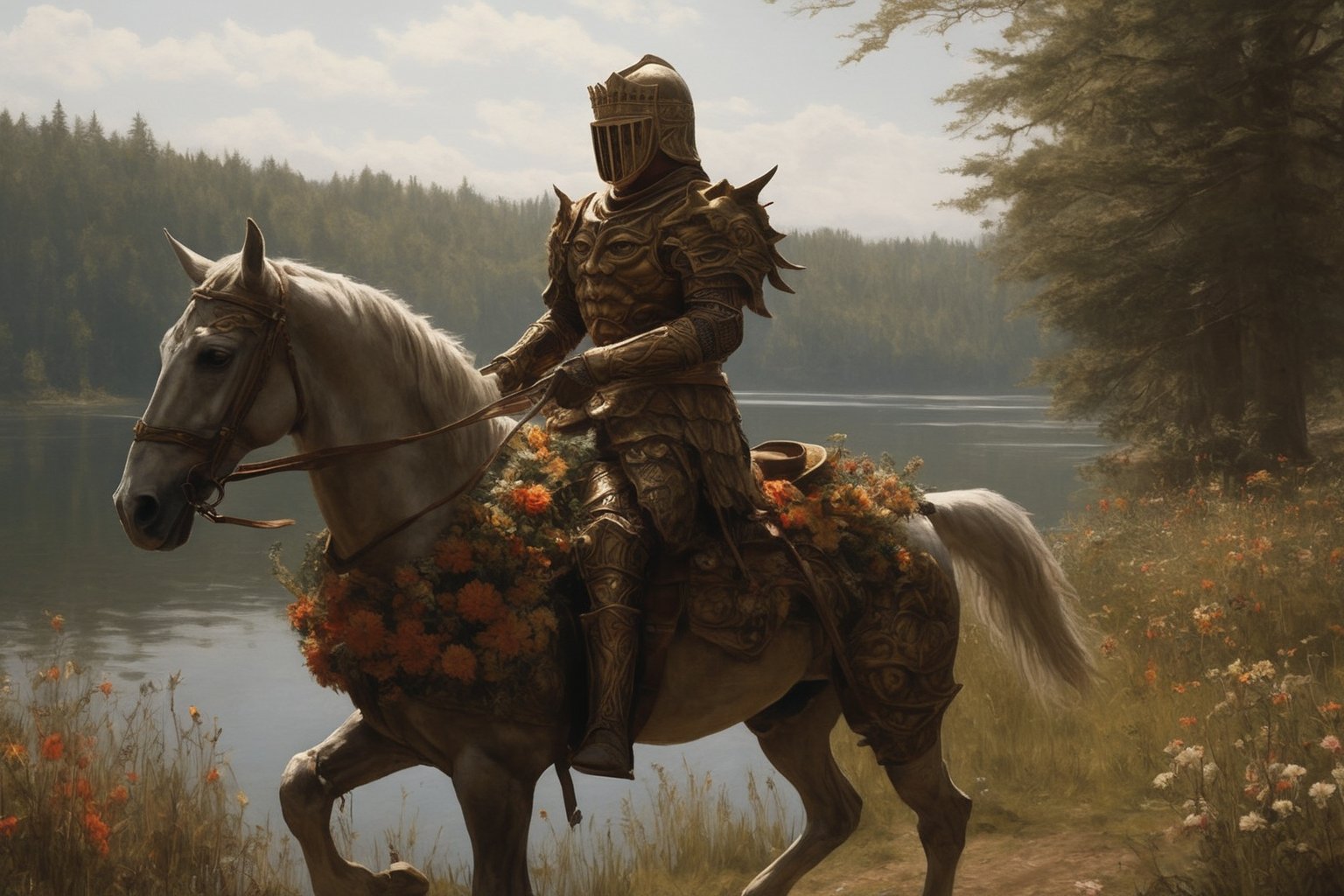 1boy\(human, tall, wearing full madness armor and helmet\), riding a horse, at the lakeside, day, lake, forest, flowers