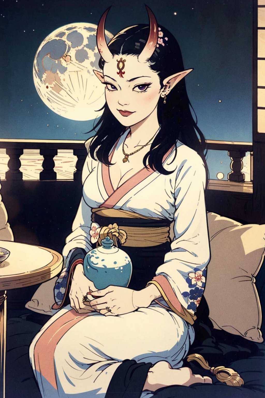 woman\(slim body, long black hair, red eye color, jewelery, bridal gauntlets, rings, amulets, eyelashes, large cleavage, wearing yukata, pregnant, sandal, feminine, beautiful, mistress, succubus, oni horns, demon elf\) The scene should convey a seductive and arrogant smug expression on her face, with an air of arrogance as she maintains eye contact with the viewer, (full body), sitting, background(luxurious japanese balcony, pillows, sky, night, moon, table(sake), pots with flowers),(masterpiece, highres, high quality:1.2), ambient occlusion, low saturation, High detailed, Detailedface