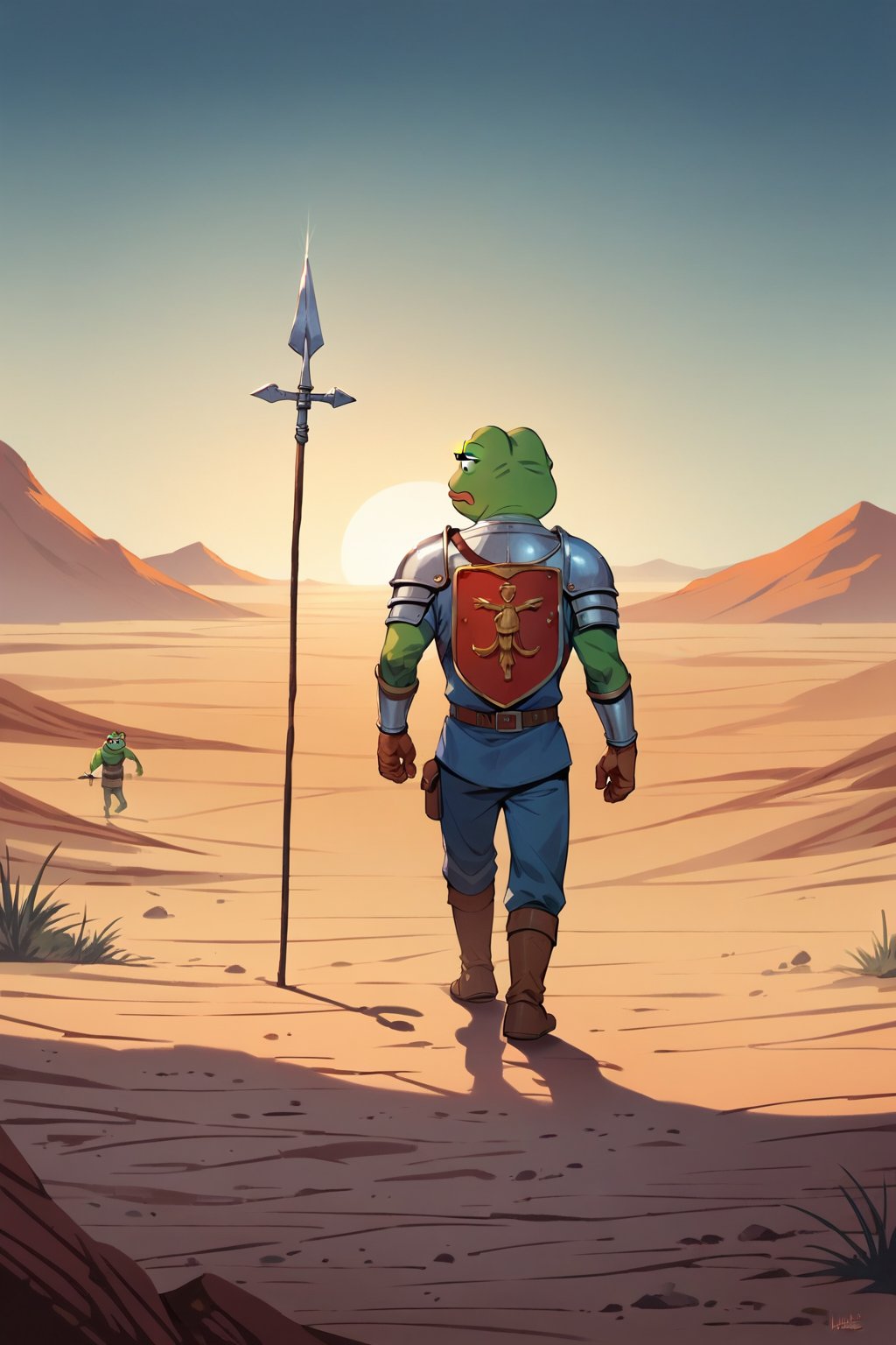 score_9, score_8, score_7, score_7_up, score_8_up, pepe the frog wearing Roman Armor(lorita hamaca, red color), with a spear and shield in hands, mojave desert, apocalyptic, walking, exterior, night
