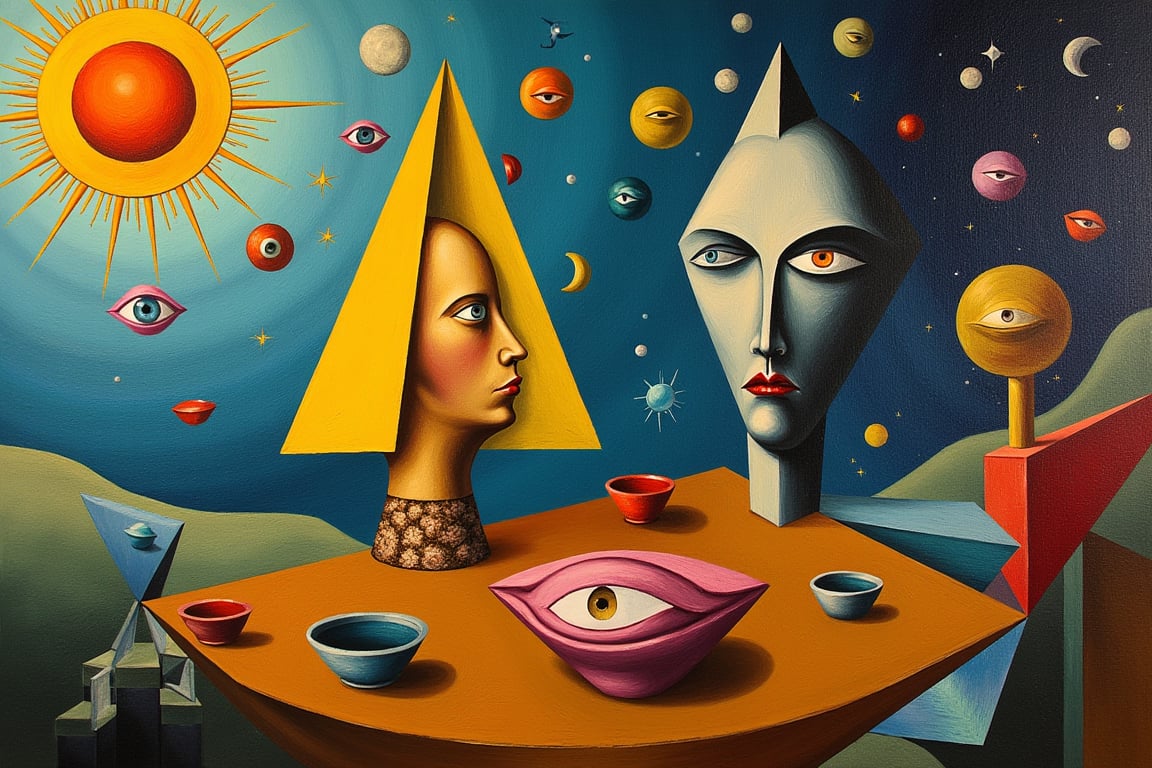 **Prompt:**

A surreal, geometric oil painting in the style of Salvador Dalí, infused with abstract and cubist influences. The composition is dominated by bold, colorful geometric shapes and forms, with fragmented perspectives and distorted proportions. At the center of the painting, a large, abstracted face is rendered in vibrant planes of yellows, blues, and reds, with sharp lines and angles creating a sense of depth and movement.

Floating around the central figure are disembodied eyes and mouths, each rendered in a similar geometric style. The eyes are scattered across the canvas, varying in size and orientation, with some set within triangular and circular shapes. They are rendered in vivid colors, their expressions ranging from curious to ominous. The mouths, likewise abstracted into geometric forms, float freely, some appearing to whisper, others frozen in mid-speech, adding a surreal, unsettling dynamic to the scene.

Above, in the sky, a stylized sun and moon with human-like faces hover among the swirling, abstract shapes. The sun's face is warm and radiant, its rays extending outwards in sharp, angular lines, while the moon's face is calm and serene, bathed in cool, silvery tones. Scattered across the scene are stars, rendered as simple geometric forms, their points sharp and precise, adding to the dreamlike atmosphere.

The background is a deep, rich tapestry of colors, blending surreal cosmic elements with abstract forms, creating a mysterious, otherworldly environment. The overall composition is a harmonious blend of surrealism and abstract geometry, where floating eyes, mouths, and celestial bodies come together to create a visually captivating and thought-provoking scene.