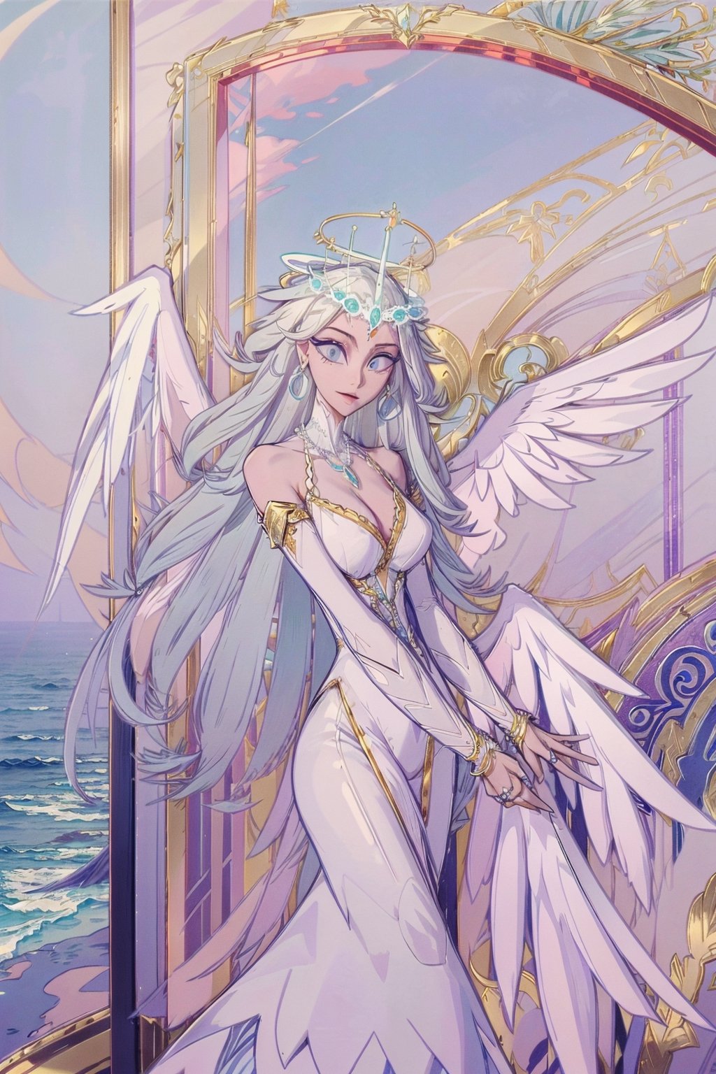 Sera(slim body, grey skin, long white hair, blue eyes, eyelashes, jewelry, earrings, necklace, wings, angel, armlet, bracelet, ring, wearing dress, angel, large cleavage, big breasts, headdress, bare shoulders, hoop earrings, bridal gauntlets, feminine, beautiful, gentle smile), looking at viewer seductively, standing, background(flower, outdoors, day, sky, tree, plant, cloud, ocean, water, scenery), (masterpiece, highres, high quality:1.2), low saturation,High detailed,perfect,oil painting,classic painting