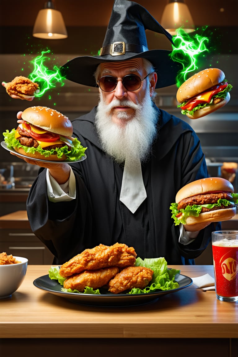 old man\(wearing wizard robe, long white beard, wizard hat, wearing sun glasses, side view), releasing magical green energy, (salad, fried chicken, burger meat and soda with ice are flying in the air), background(fast food restaurant kitchen indoor, fast food employees shoked), (masterpiece, highres, high quality:1.2), ambient occlusion, low saturation, High detailed, Detailedface, (shot from distance), intricate details, dreamlike, concept art, illustration, highly detailed, splash art, artbook, beautiful image, fantasy, realistic