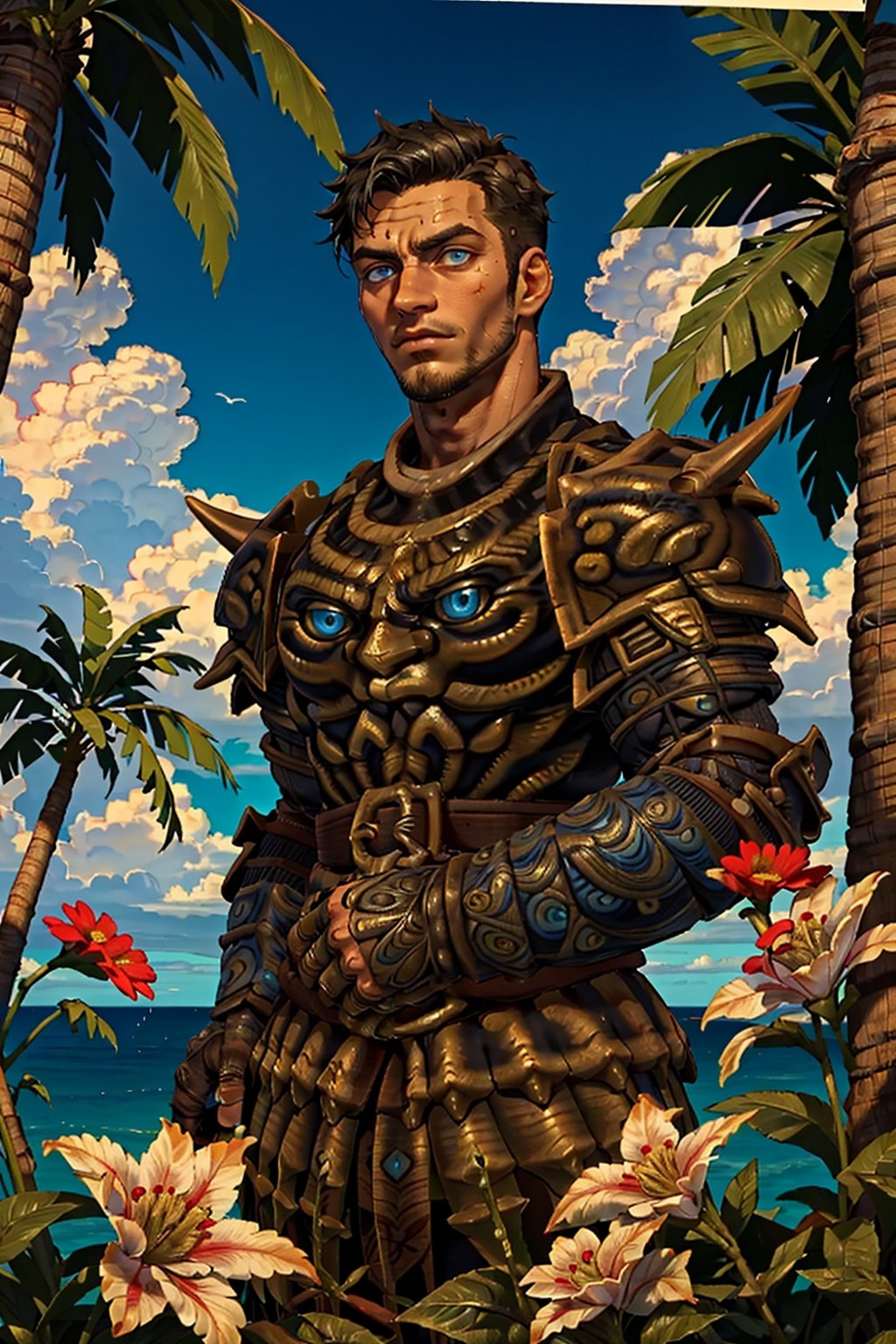 1boy(tall, wearing Madness armor, medieval road, black hair, blue eyes, handsome), upper body, staring at you, background(day, outdoor, sky, sun, ocean, flowers, trees) (masterpiece, highres, high quality:1.2), ambient occlusion, outstanding colors, low saturation,High detailed, Detailedface, Dreamscape