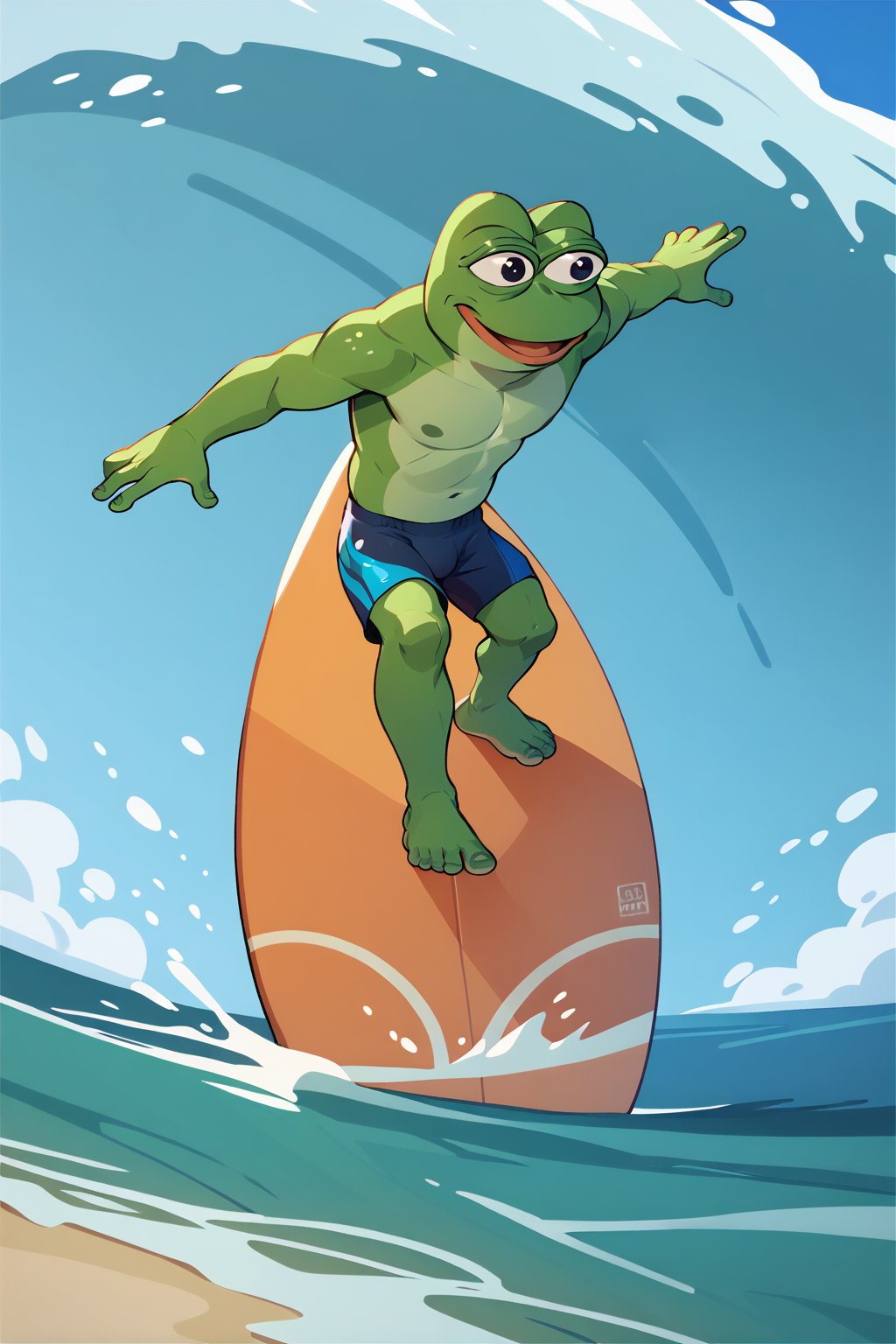 score_9, score_8, score_7, score_7_up, score_8_up, pepe the frog surfing, swimsuit, barefoot, surfboard, beach, exterior,incrssurfing