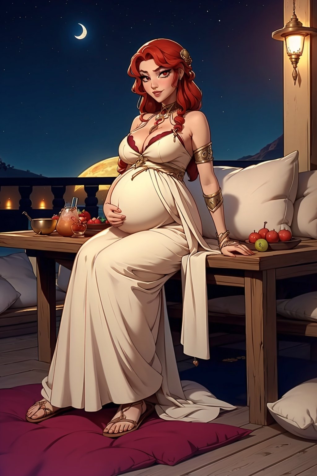 woman(slim body, vampire, red hair, red eye color, jewelery, bridal gauntlets, rings, amulets, eyelashes, medium cleavage, wearing full harem dress, pregnant, sandal, feminine, beautiful, mistress) The scene should convey a seductive and arrogant smug expression on her face, with an air of arrogance as she maintains eye contact with the viewer, (full body), sitting, background(luxurious arabian balcony, pillows, sky, night, moon, table(fruits and drinks), pots with flowers),(masterpiece, highres, high quality:1.2), ambient occlusion, low saturation, High detailed, Detailedface