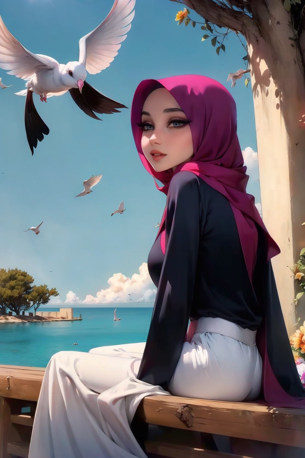Woman(slim body, young, ruby eyes, arab, morrocan, eyelashes, hijab, Wearing a white headscarf and veill,Gorgeous abaya,arabian pants Arabian, feminine, beautiful), full body, looking at viewer with cute expression, sitting, (shot from distance), background(mosques, day, outdoor, sky, sun, tree, ocean, flowers, birds, bunnies, rabbits), (masterpiece, highres, high quality:1.2), low saturation,High detailed,soft shading