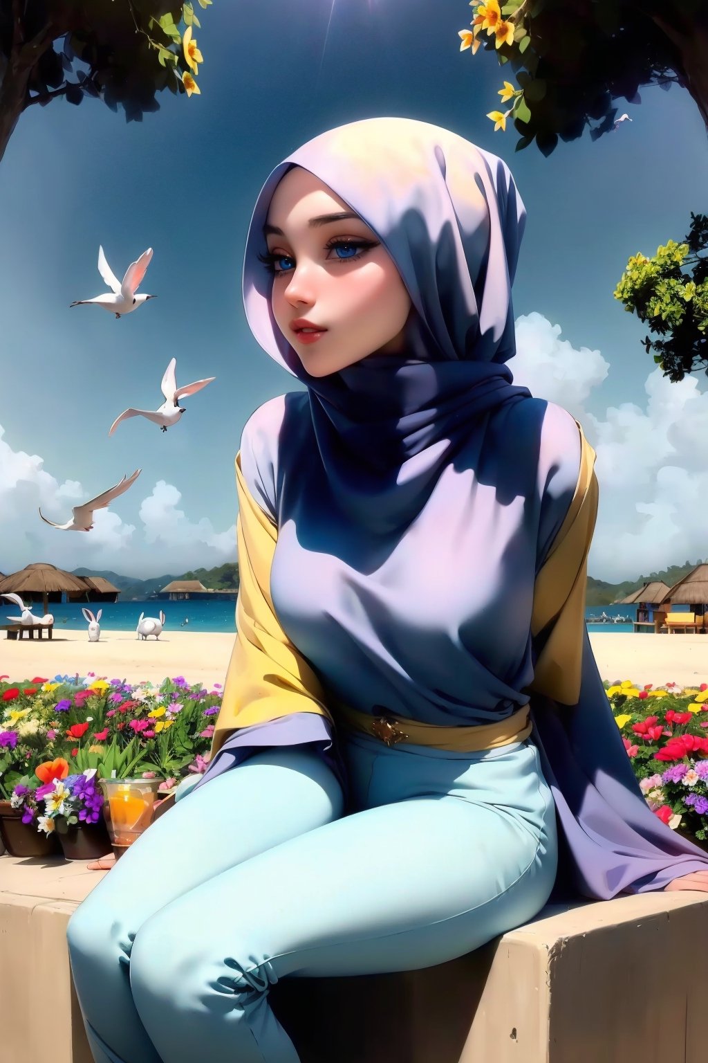 Woman(slim body, young, blue eyes, morrocan, eyelashes, hijab, Wearing a white headscarf and veill,Gorgeous abaya,arabian pants Arabian, feminine, beautiful), full body, looking at viewer with cute expression, sitting, (shot from distance), background(mosques, day, outdoor, sky, sun, tree, ocean, flowers, birds, bunnies, rabbits), (masterpiece, highres, high quality:1.2), low saturation,High detailed,soft shading